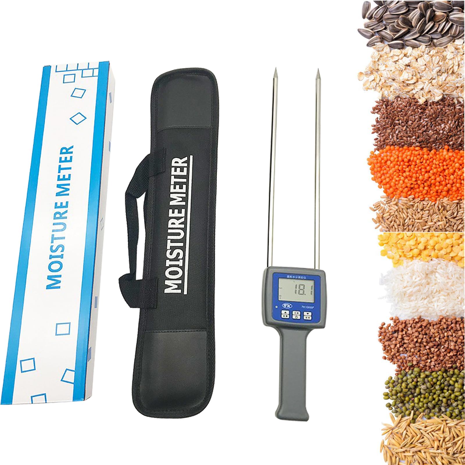 TK100GF Digital Grain Moisture Meter - High Precision Flour & Starch Moisture Tester for Corn, Wheat, Rice, Beans, Paddy, Flax, Oats - LCD Display with Sensitive Probe - 11 Grain Types Analyzer - Perfect for Baking, Farming & Food Quality Control