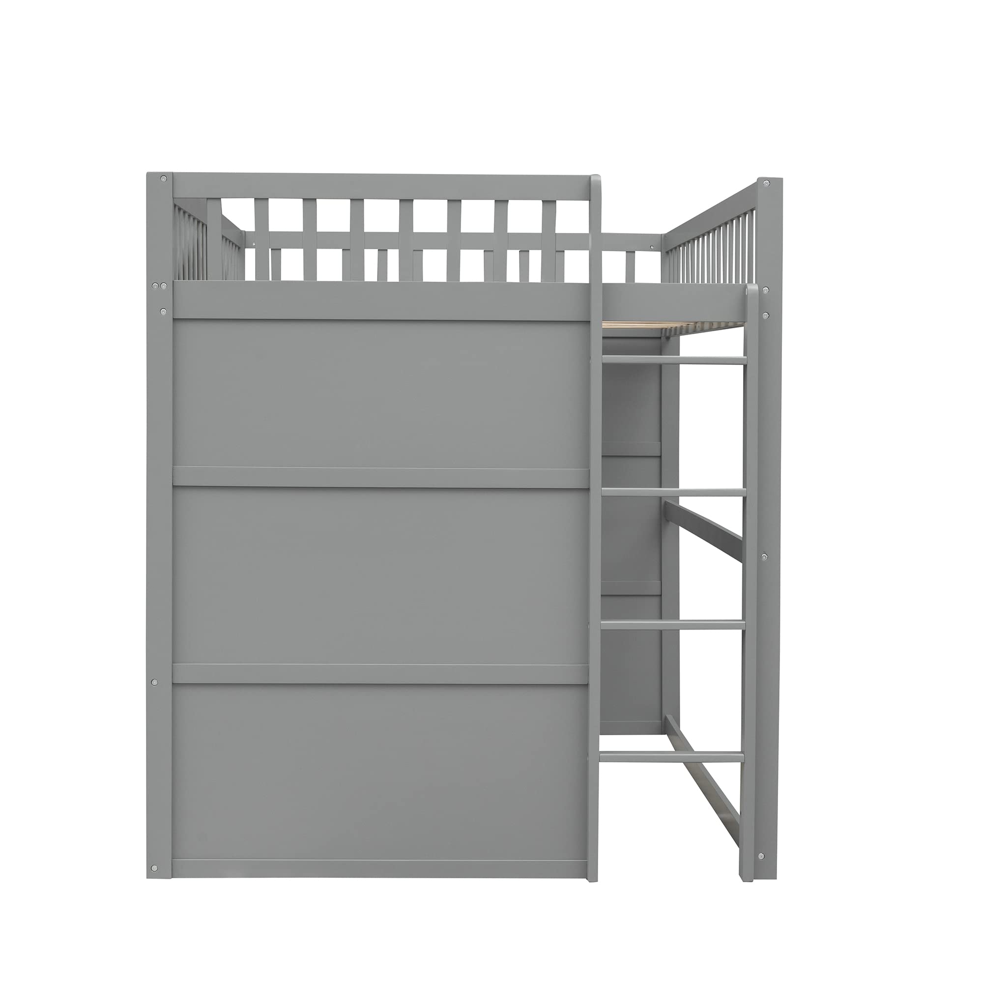 **Full Size Loft Bed with Safety Guardrail for Kids - Solid Wood Frame with Ladder & Windows - Sturdy Wood Slats Support - Space-Saving Design (Gray+White) - Perfect for Small Bedrooms, Kids' Rooms & Dormitories**