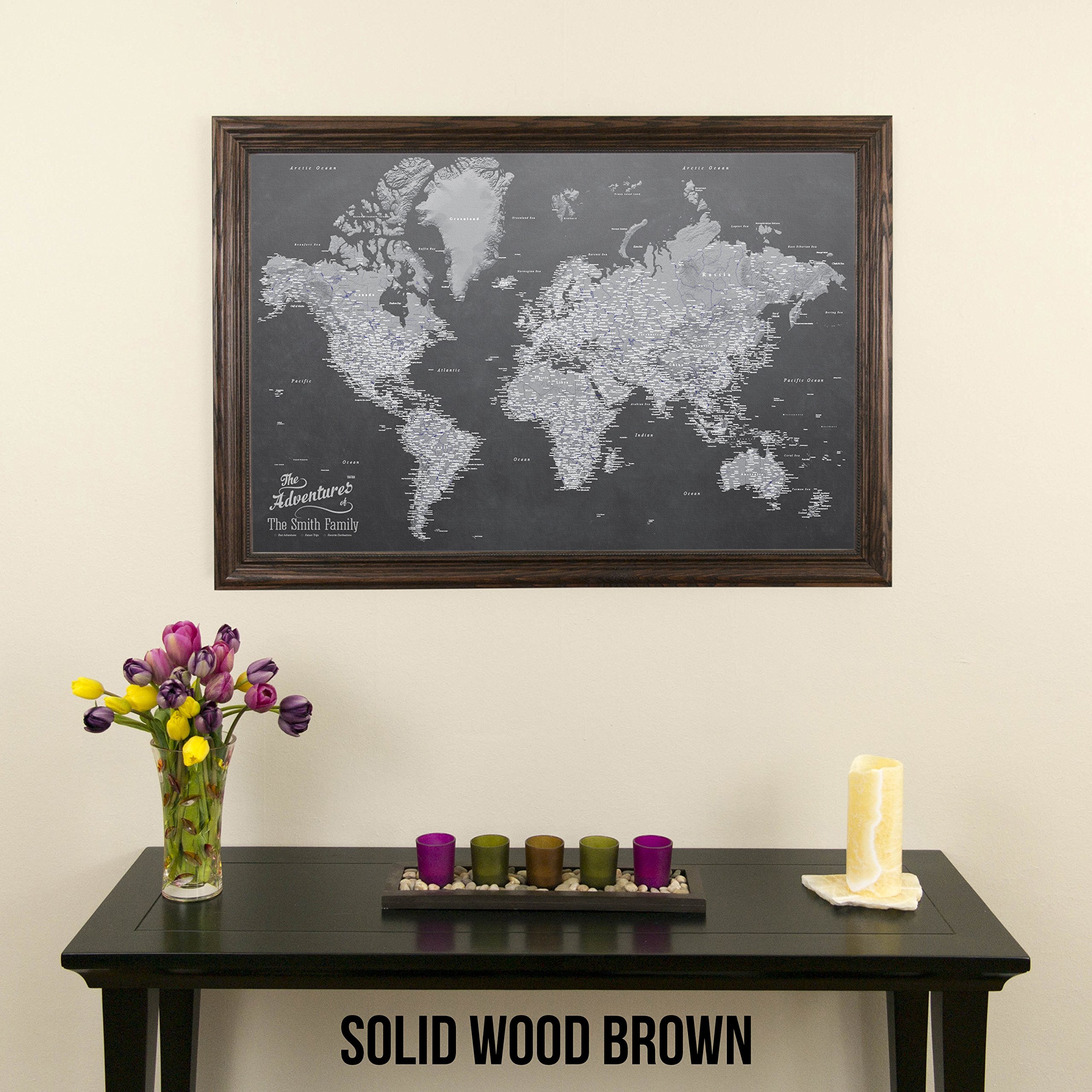 Personalized Stormy Dreams World Push Pin Travel Map - Canvas Print with Solid Wood Brown Frame - Perfect for Home Decor, Travel Enthusiasts & Gift Ideas