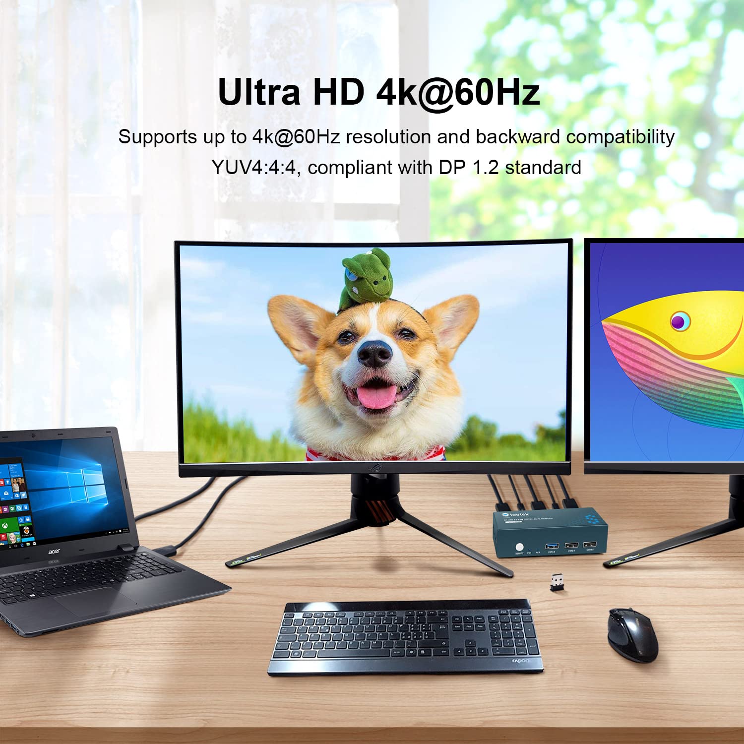Dual Monitor DisplayPort KVM Switch 4K@60Hz - 2 Port DP KVM Switch for 2 Computers with USB 3.0 Hub | Button Control | Includes 4 DisplayPort & 2 USB 3.0 Cables | Perfect for Home Office, Gaming Setup & Multi-PC Workstations