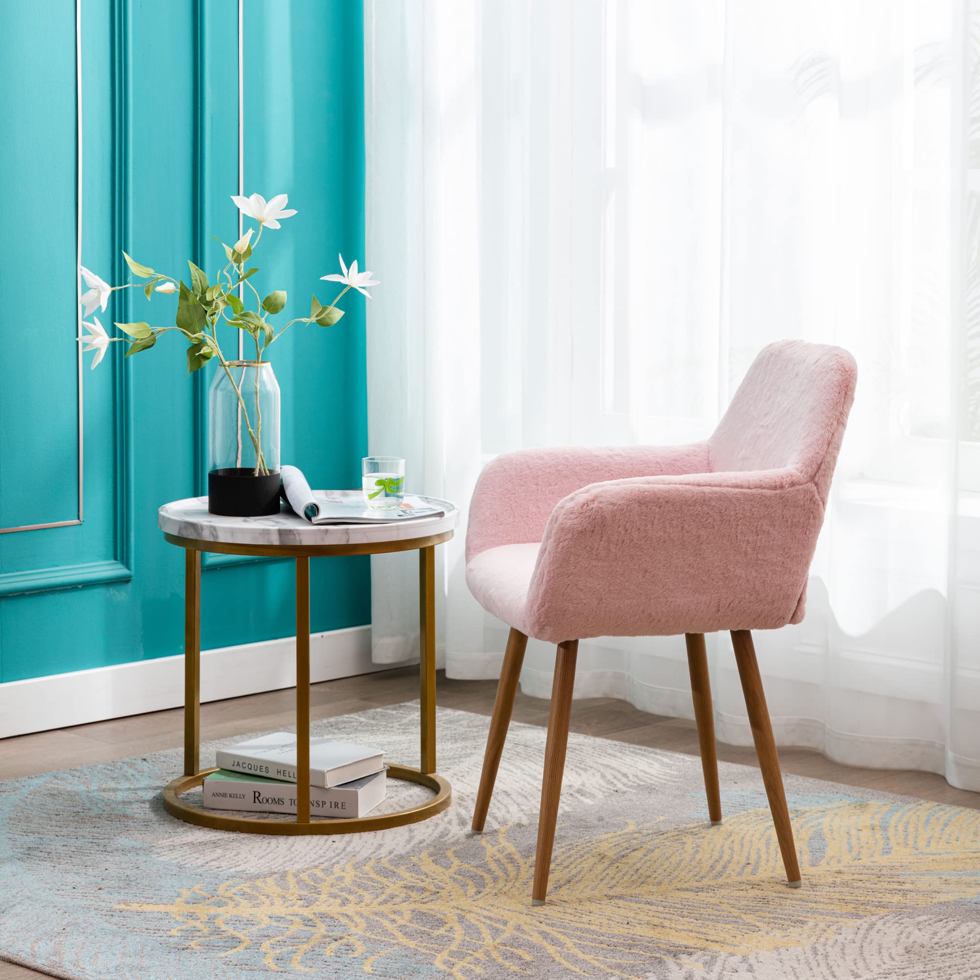 Mid-Century Modern Faux Fur Desk Chair Set of 2 - Pink Accent Armchairs with Wood-Look Metal Legs for Teen Girls, Living Room, Home Office & Vanity Makeup Station - Comfy Non-Rolling Seating for Study, Gaming & Relaxation