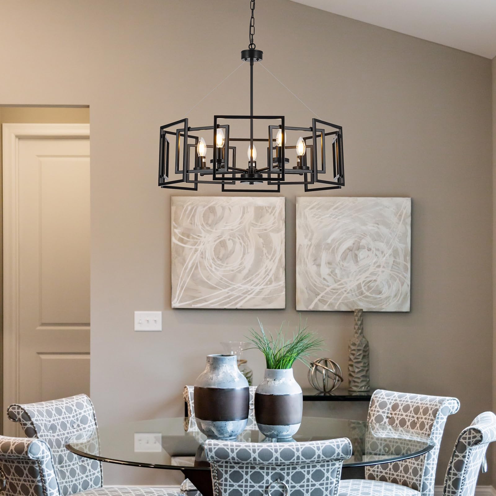 5-Light Black Geometric Chandelier - Adjustable Height Modern Industrial Pendant Light for Dining Room, Kitchen Island, Living Room, Bedroom & Entryway - Farmhouse Style Ceiling Fixture (Bulbs Not Included) - Perfect for Home Decor, Restaurant Lighting and Office Spaces