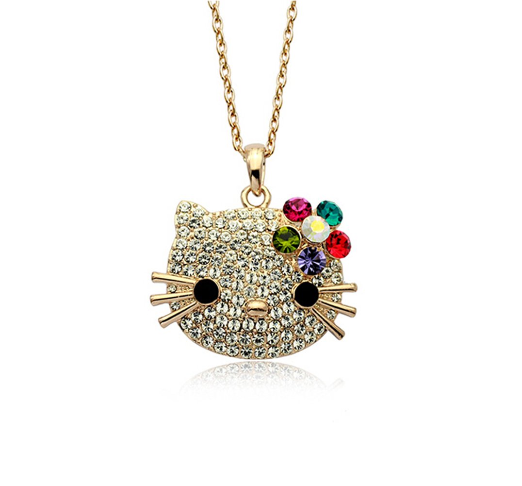 Gold Plated Hello Kitty Swarovski Crystal Pendant Necklace - Multi-color Austrian Elements Fashion Jewelry for Women, Perfect for Gifts, Parties, and Daily Wear