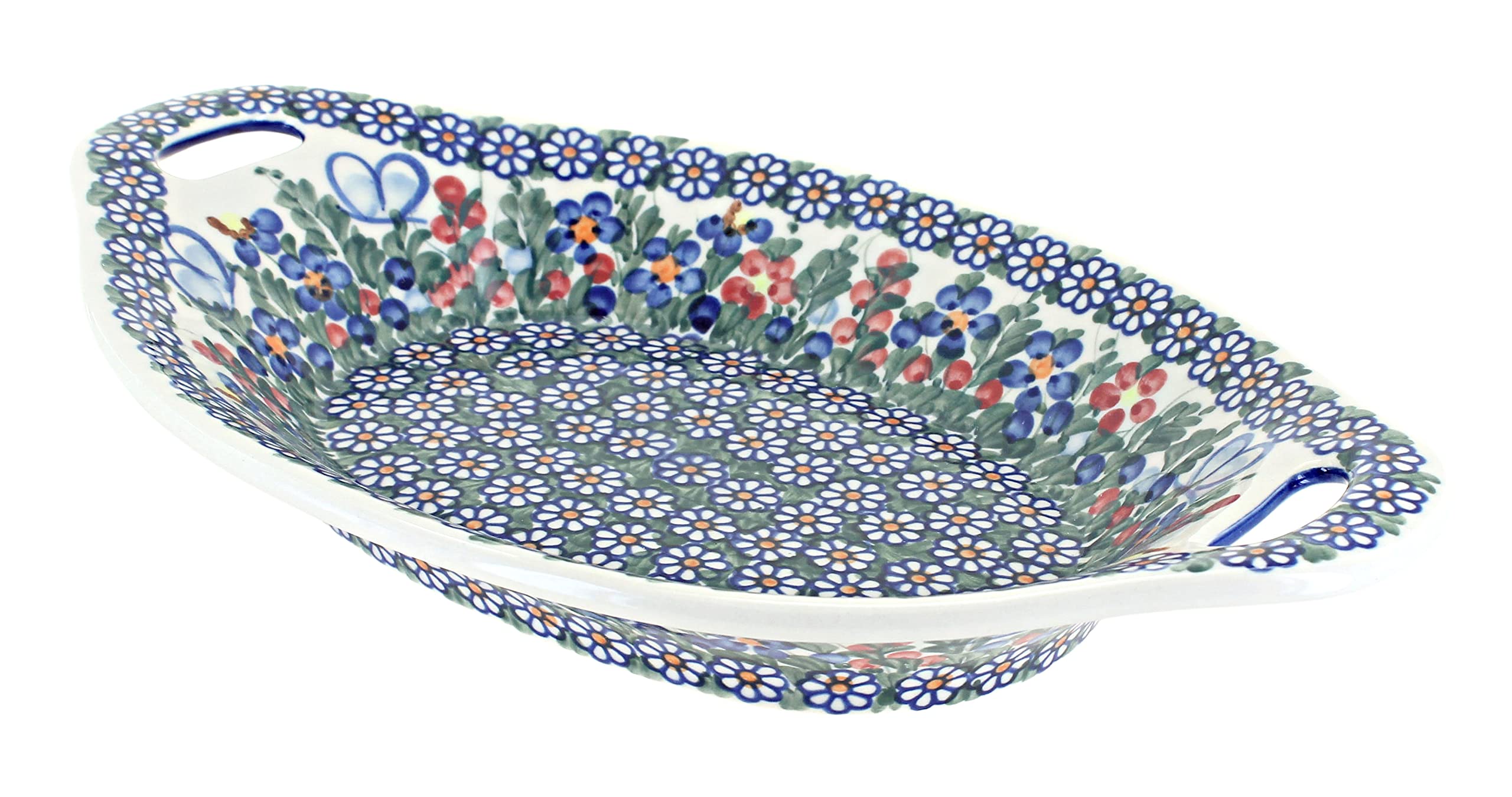 Handmade Blue Rose Polish Pottery Butterfly Bread Tray with Handles - Elegant Serving Platter for Garden Parties, Tea Time & Home Decor