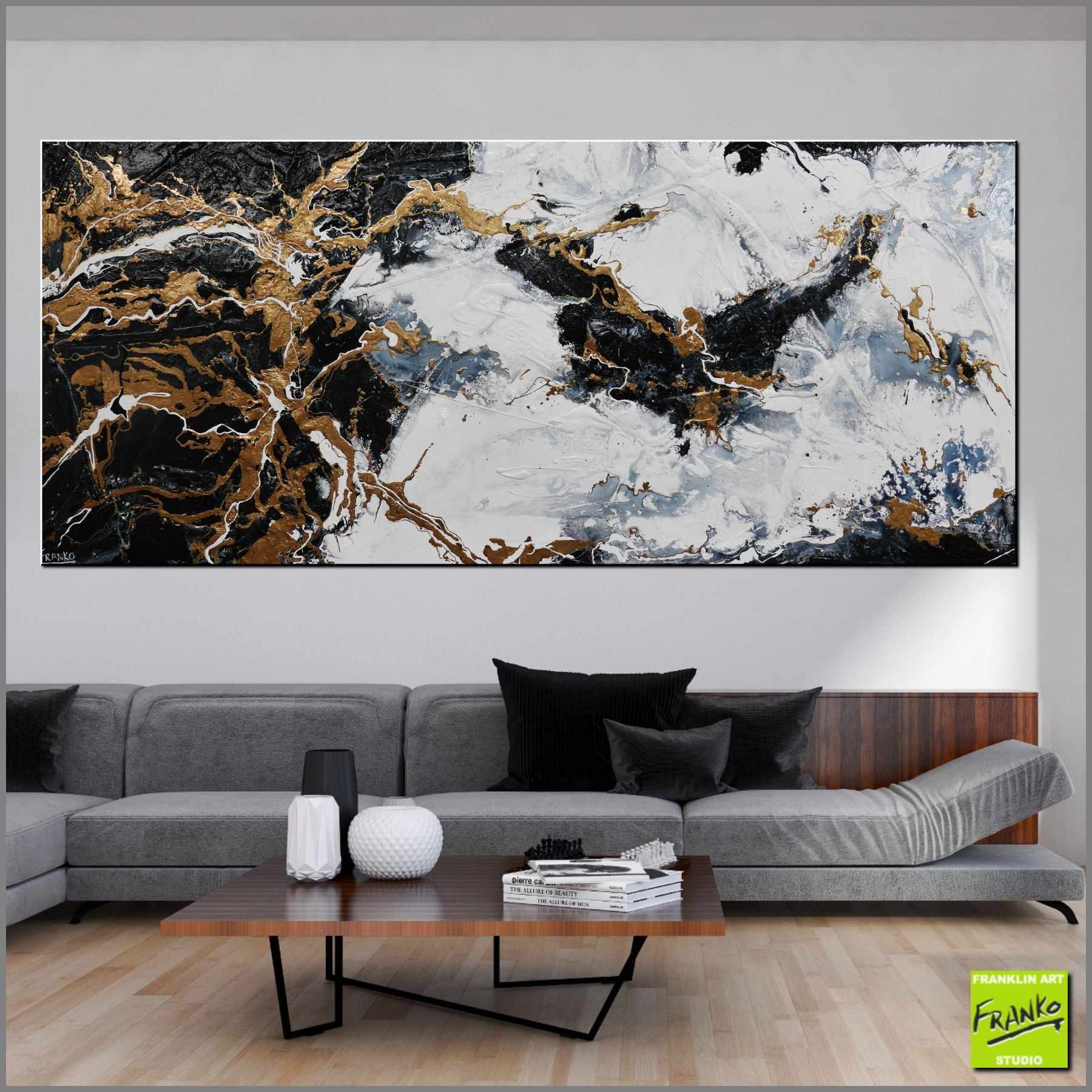 270cm x 120cm Black White Gold Grey Textured Abstract Canvas Painting - Modern Large Wall Art for Living Room, Bedroom & Office Decor