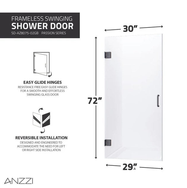 Anzzi SD AZ8075 02MB Passion Frameless Hinged Shower Door - 30