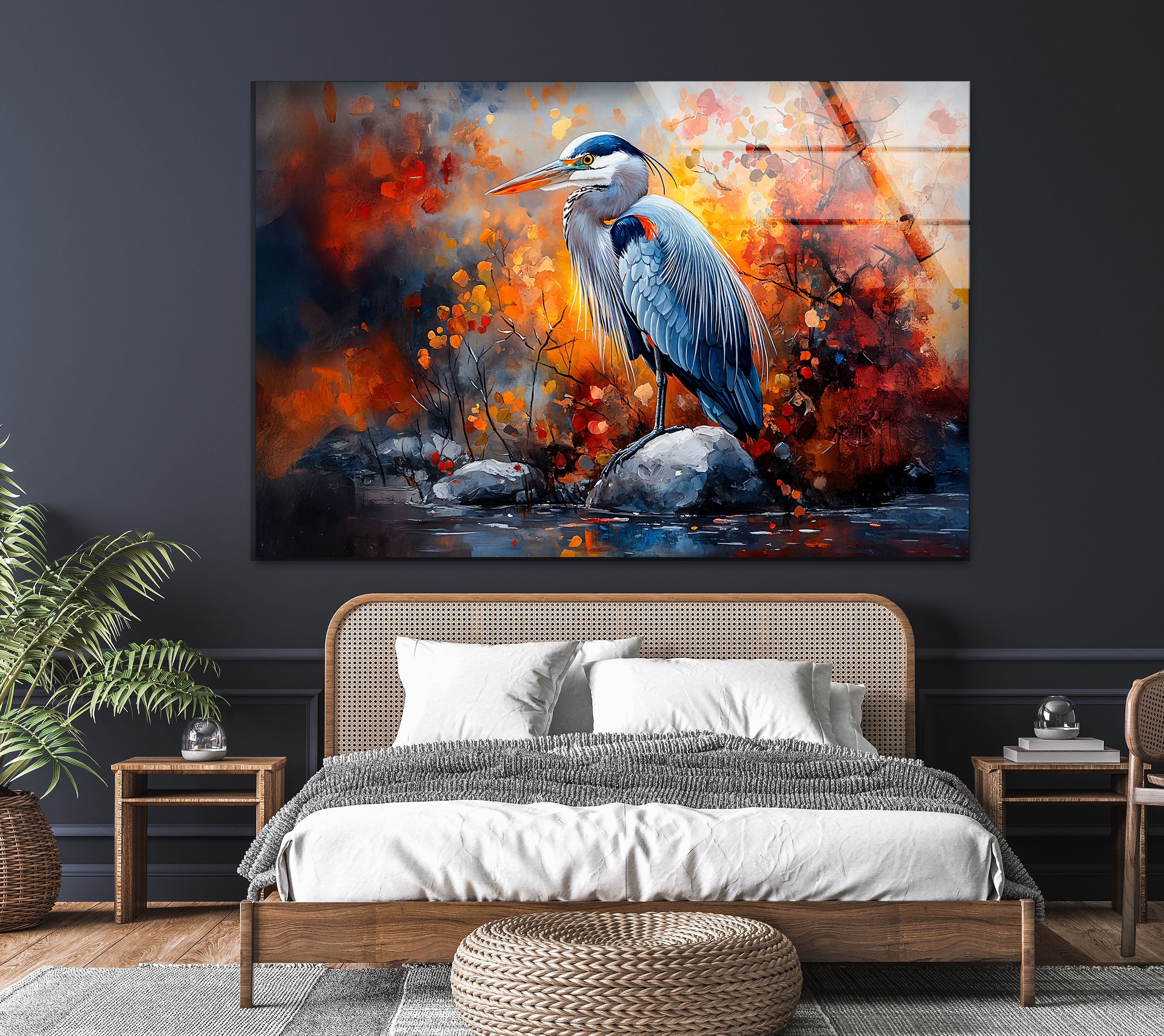 Autumn Majesty - Heron in Fiery Foliage Glass Wall Art Decor | Stunning Nature-Themed Home & Office Decoration | Perfect for Living Room, Bedroom or Gift