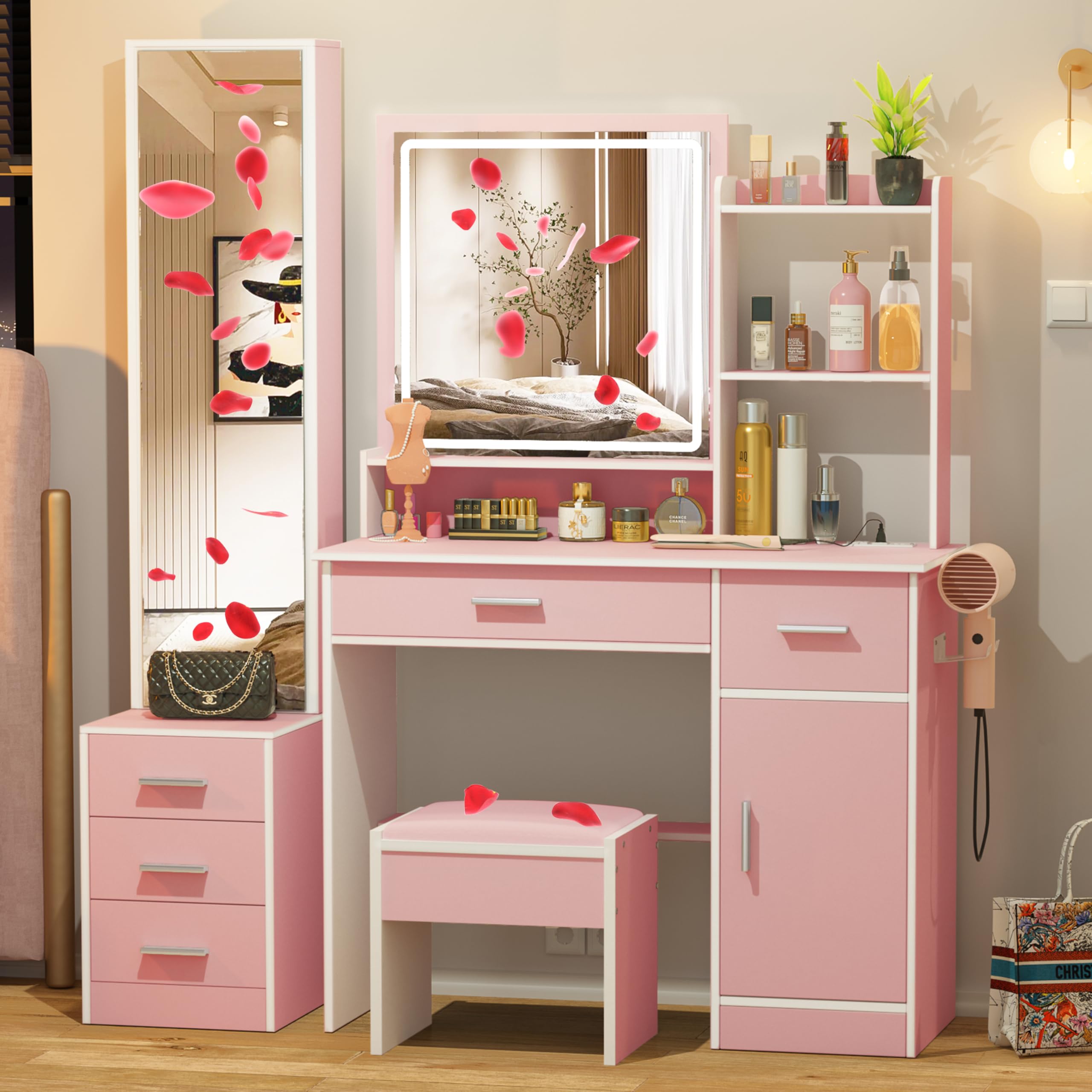 Elegant Light Pink Makeup Vanity Desk with LED Lights & Full-Length Mirror, Pink Dressing Table with Power Outlet & 6 Drawers - Perfect for Women & Girls' Bedroom Decor, Beauty Routine & Instagram Makeup Setup