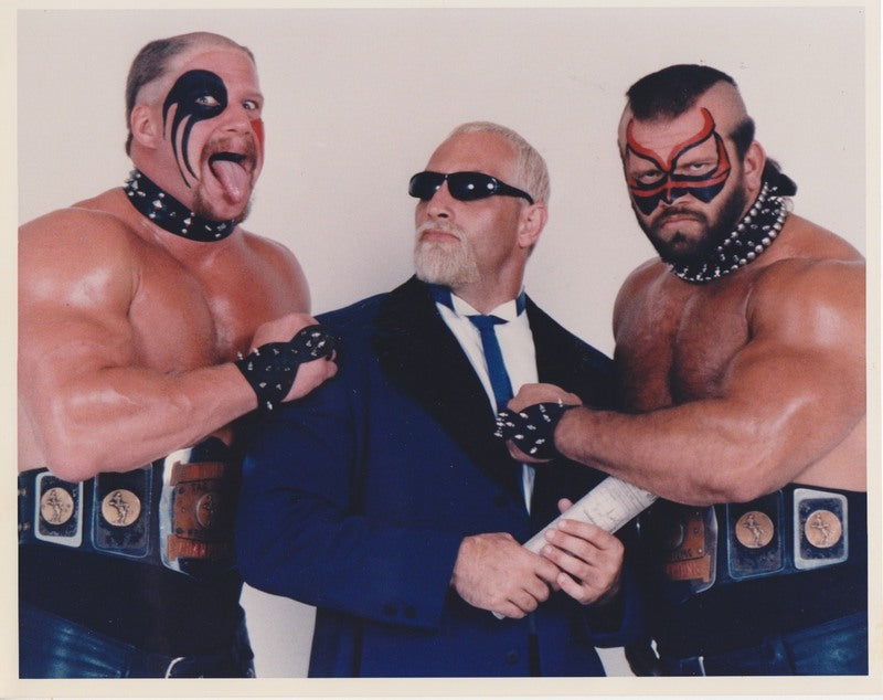 1985 AWA Tag Team Champions Road Warriors with Precious Paul Promo Photo - Vintage Wrestling Collectible for Fans & Memorabilia Display