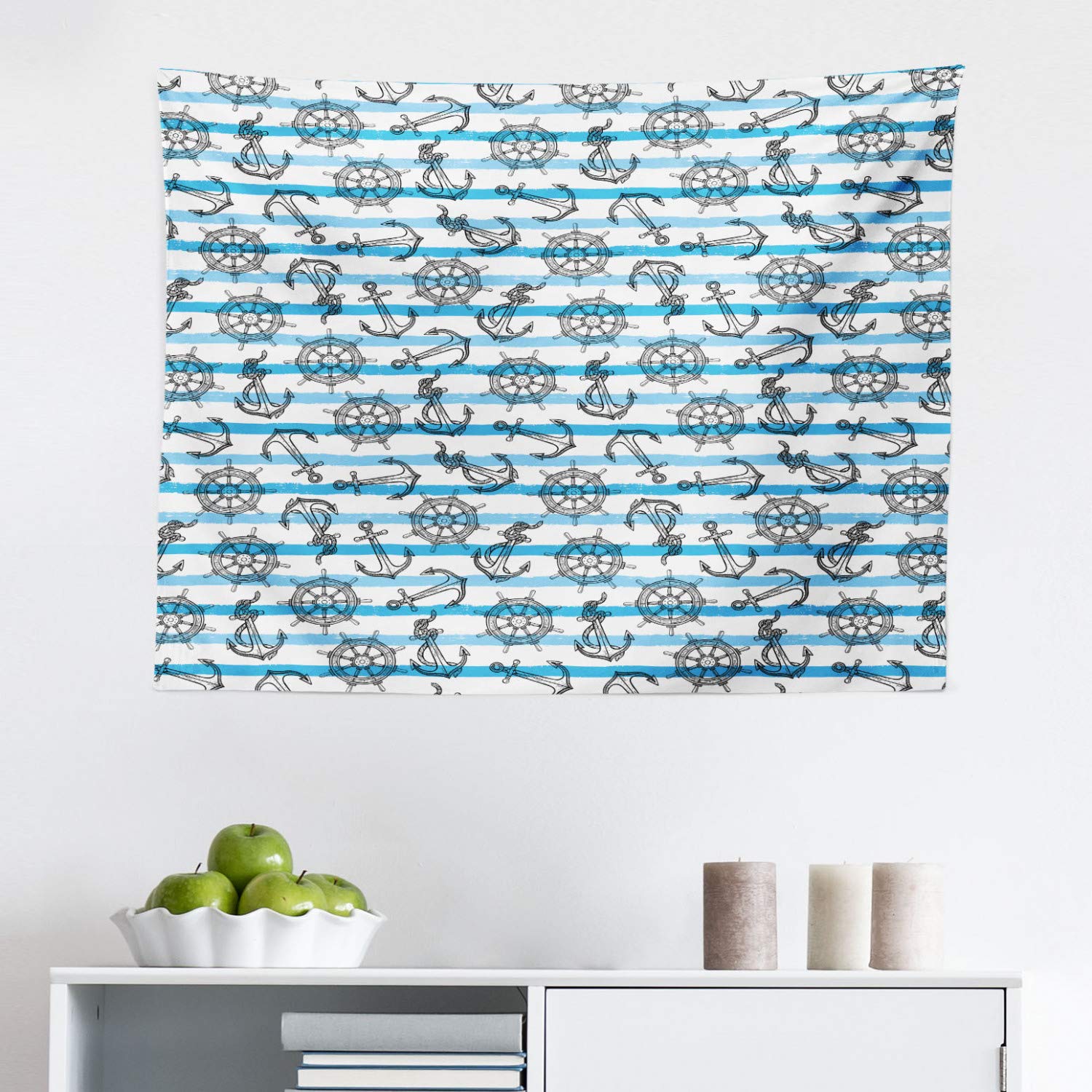 Ambesonne Nautical Tapestry - Anchor & Steering Wheel Design in Charcoal Stripes, Blue and White Fabric Wall Art (28x23 Inch) - Perfect for Bedroom, Living Room, Dorm Decor | Coastal Theme Home & Office Decoration