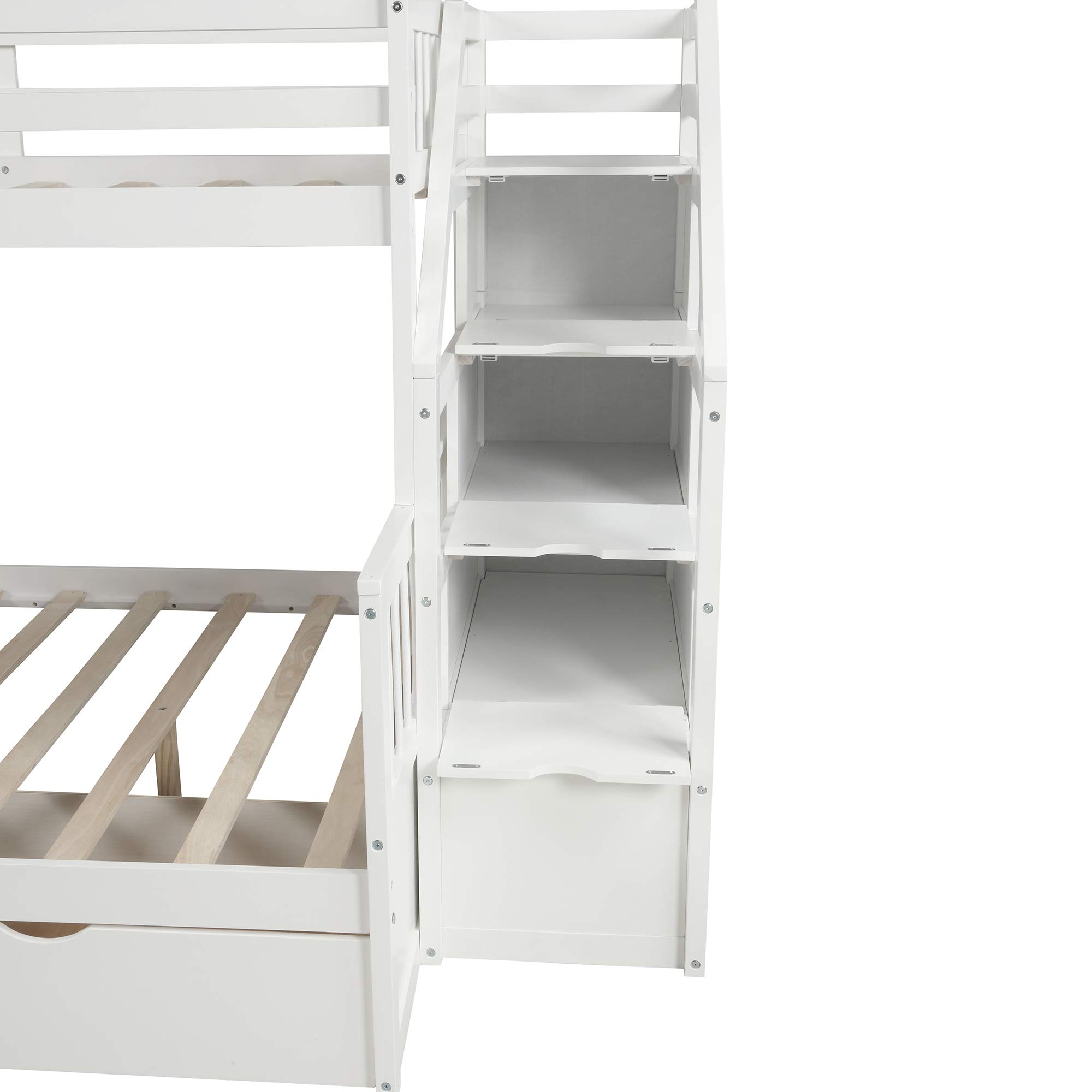 Twin Over Full Bunk Bed with Stairs & Storage - Kids & Adults - White