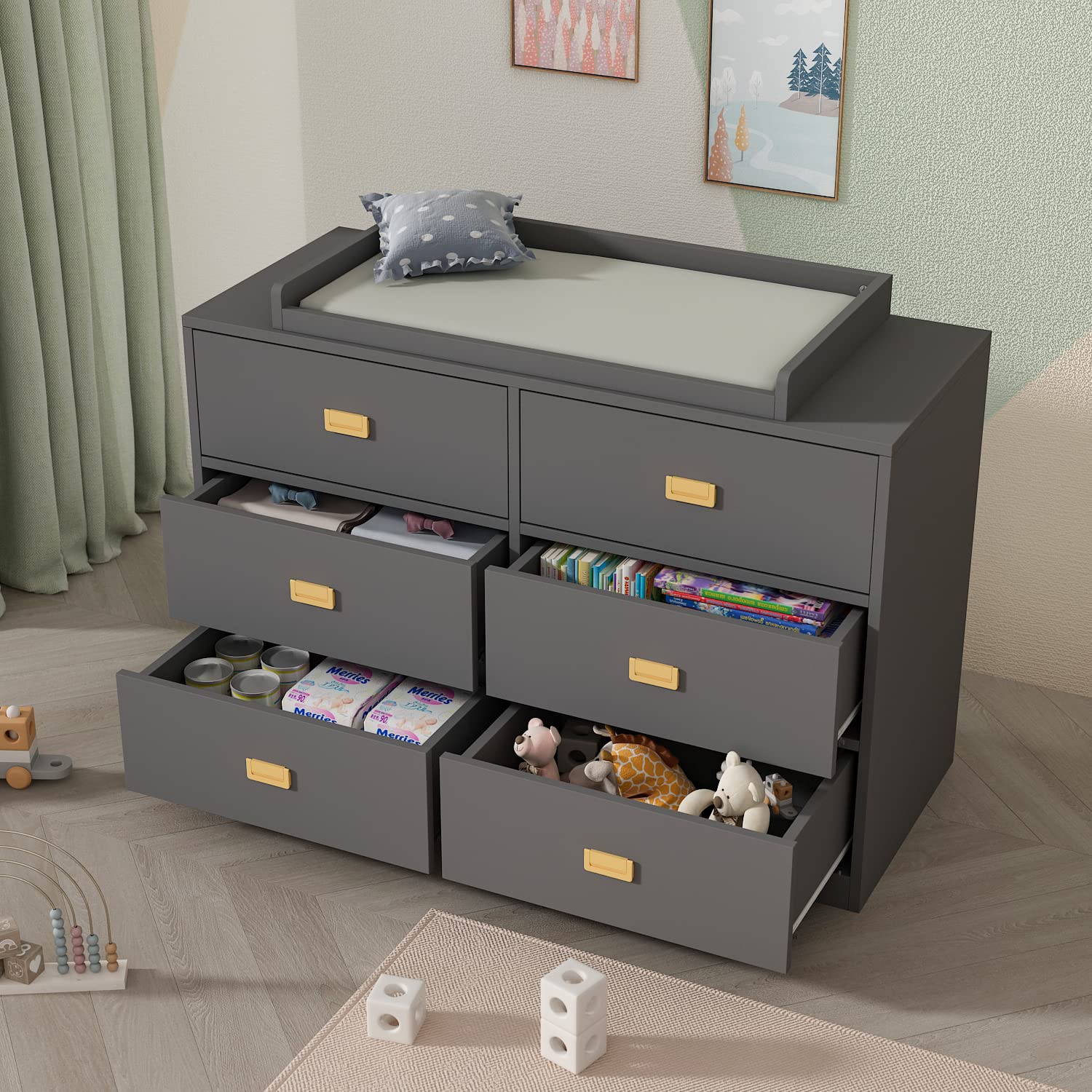 AIEGLE 6-Drawer Baby Dresser with Changing Table Top - Nursery Storage Organizer for Kids Bedroom, Grey Baby Chest of Drawers (45.1