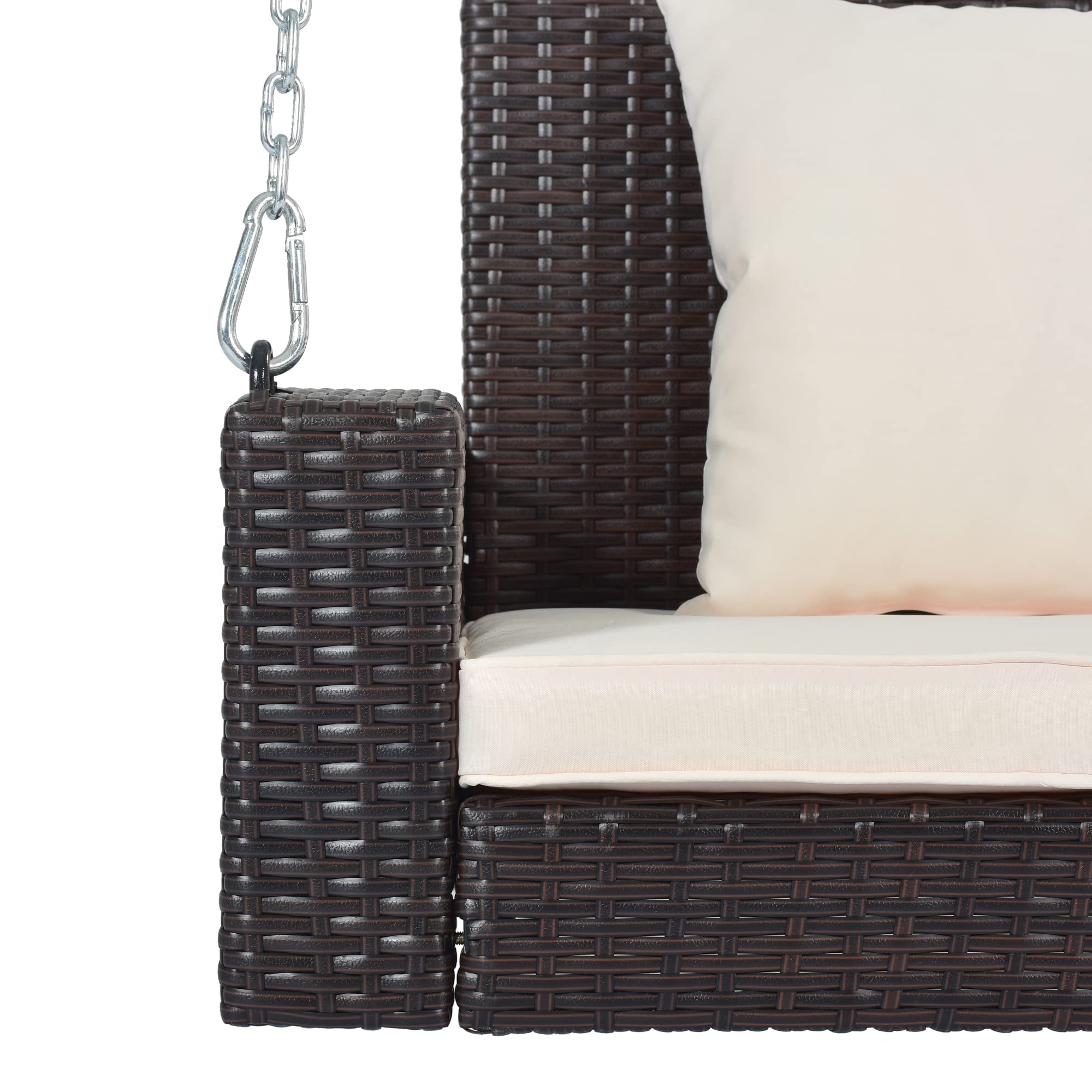 Polibi 2-Seat Rattan Swing Bench with Chains & Cushion - Outdoor Porch Swing for Garden, Backyard, Patio, Pond - Brown Wicker with White Pillow - Perfect for Relaxing, Lounging & Enjoying Nature