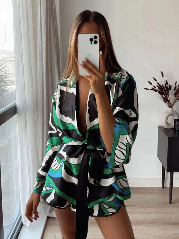 Foridol Oversized Green Print Boho Women's Shorts Set - Matching Shirt, Shorts & Pants 3-Piece Outfit for Summer | Casual Beachwear, Vacation Outfits & Boho Fashion Style