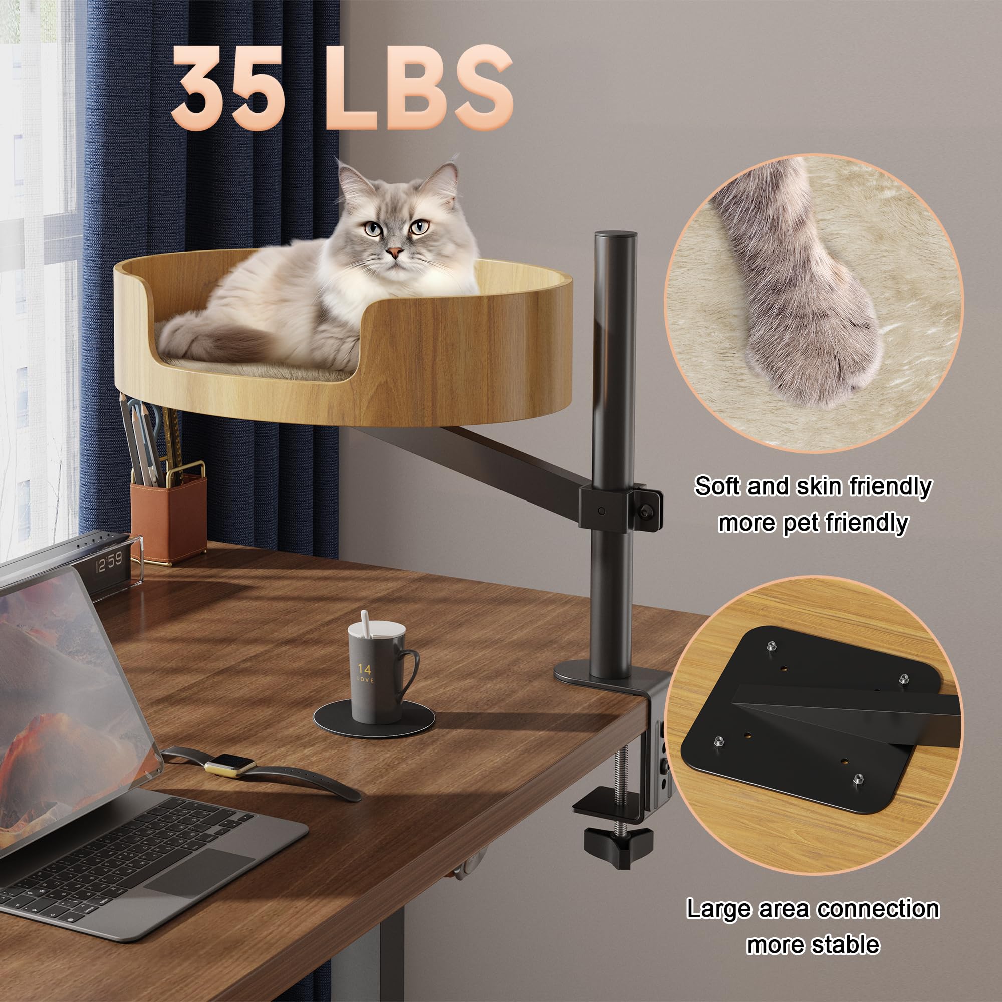 Premium Adjustable Height & 360° Rotating Wooden Cat Bed for Indoor Cats – Elevated Desk Nest for Small Spaces, Perfect for Home Office, Study, or Workstation Use
