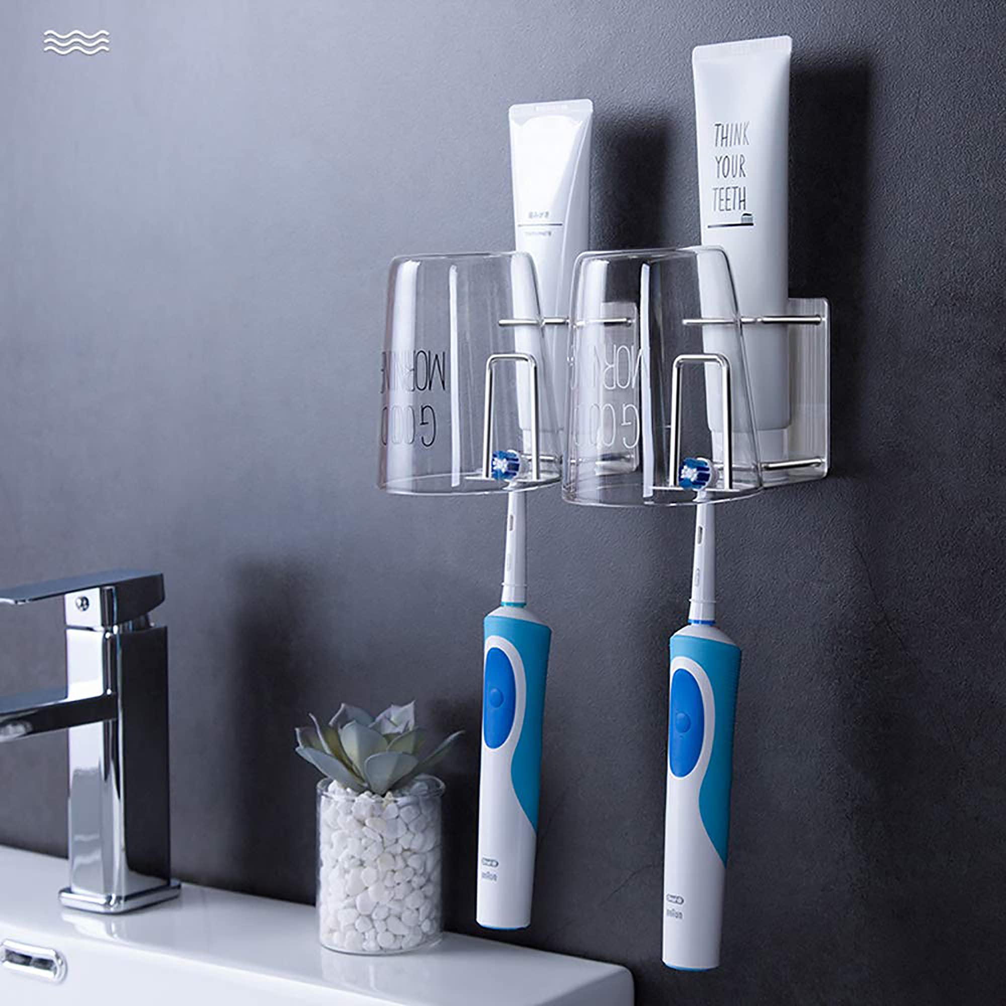 HANZE 304 Stainless Steel 3-in-1 Wall Mounted Toothbrush Holder with Toothpaste & Cup Holder - Rustproof Bathroom Organizer for Shower, Sink Counter - Space Saving 2 Pack (Black) - Perfect for Small Bathrooms, Apartments & Dorm Rooms