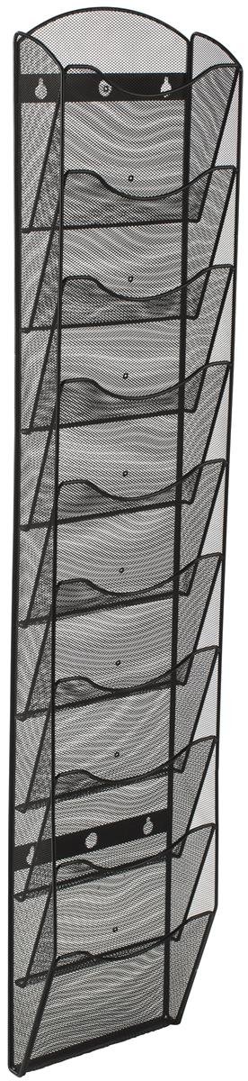 Wall Mount Literature Rack with 10 Adjustable Pockets - Black Steel Mesh File Folder Organizer for Office, School, or Retail Store Displays