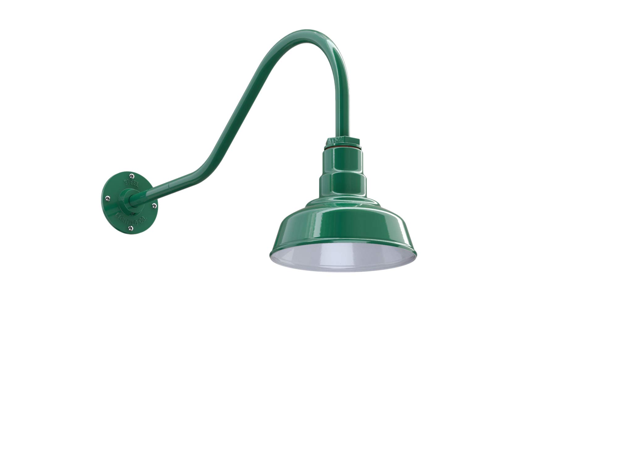 Steel Lighting Co. | 8-inch Dusk to Dawn Outdoor Barn Light | 23-inch Gooseneck Wall Mount Farmhouse Sconce | Green Exterior & White Interior | Made in USA | Perfect for Porch, Patio & Garage Lighting