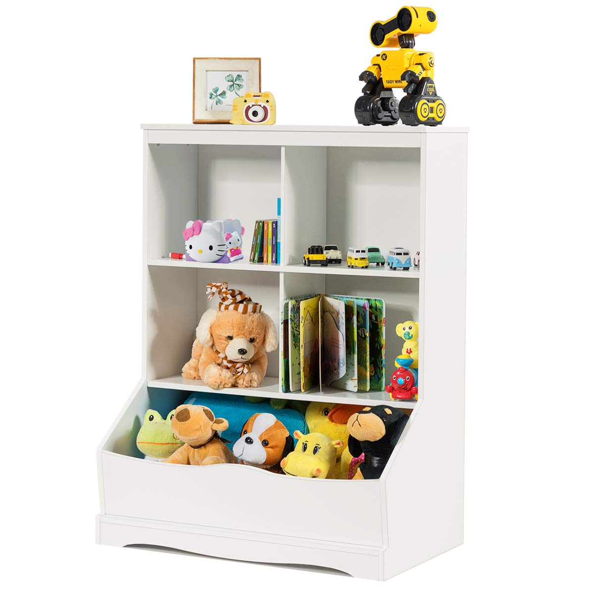 Giantex 3-Tier Wooden Toy Organizer with 4 Storage Bins - Kids Room Storage Cabinet for Books, Toys & Collections - White - Perfect for Nursery, Playroom & Classroom Organization