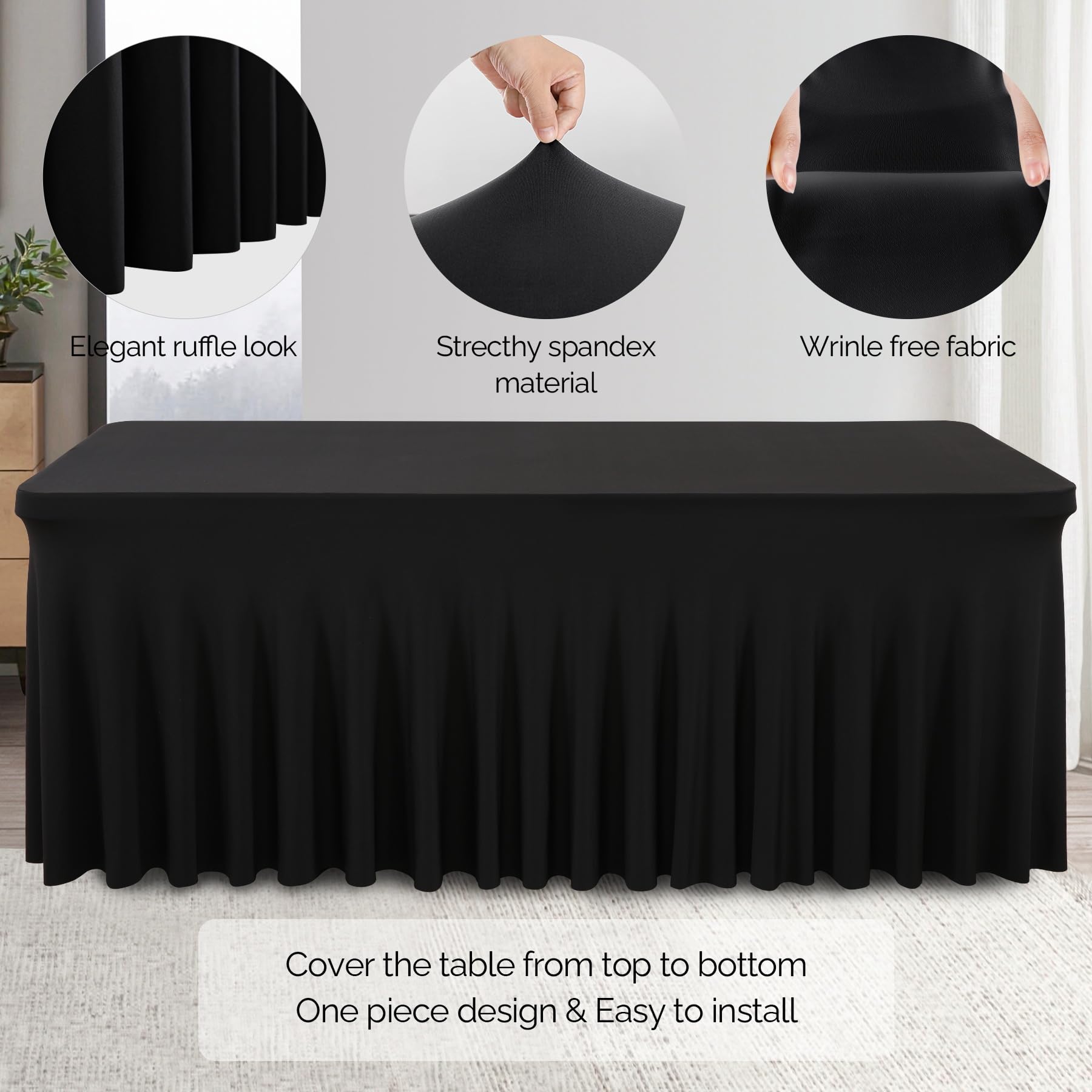 6 Pack Black Spandex Tablecloths for 6ft Rectangle Tables - Wrinkle-Free Stretch Fitted Table Covers for Wedding, Banquet, Party & Events (Perfect for Indoor/Outoor Dining, Buffets & Decorations)