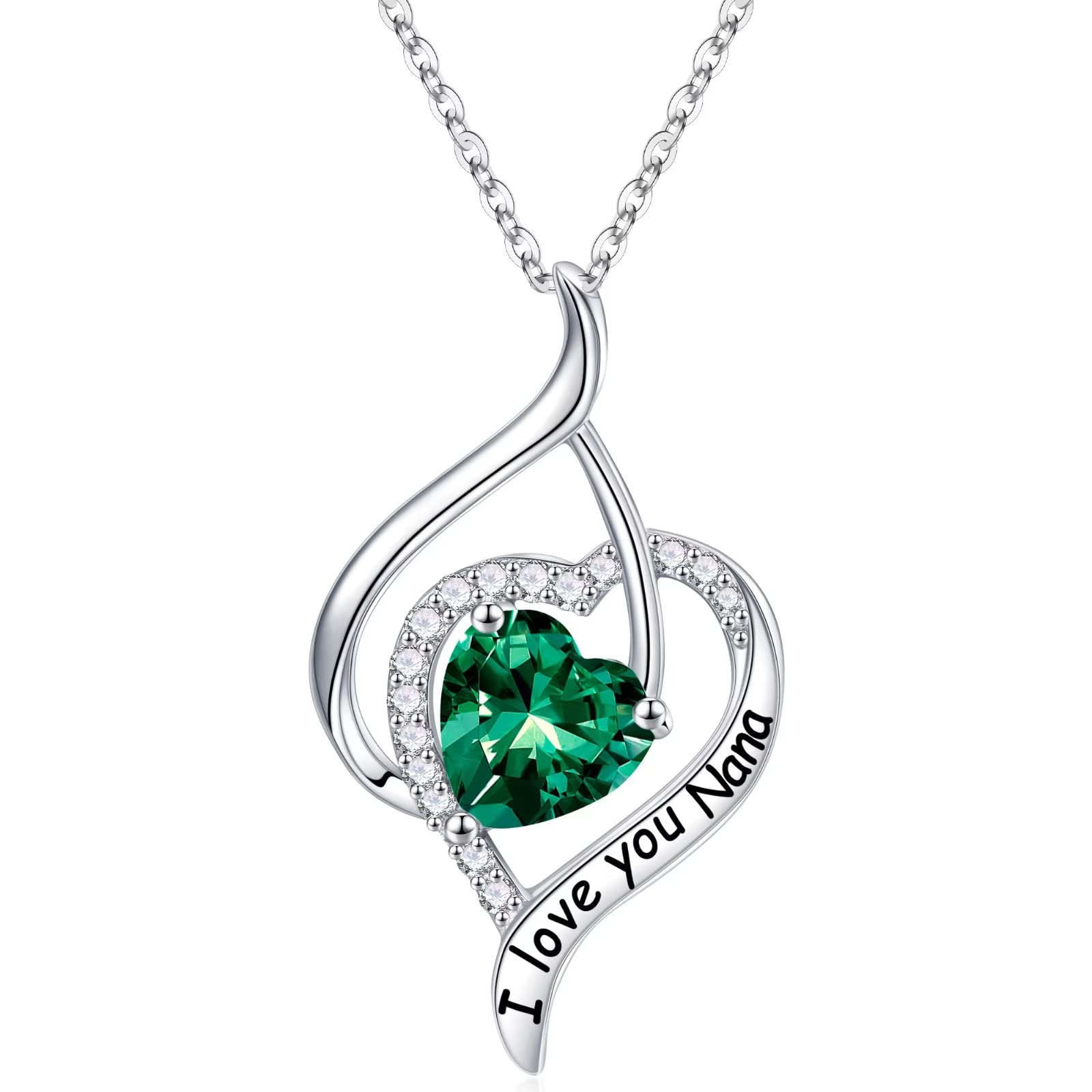 Nana Birthstone Necklace - 925 Sterling Silver Heart Pendant with Created Emerald | Personalized 'I Love You' Jewelry Gift for Grandma | Perfect for Mother's Day, Birthday & Anniversary Gifts