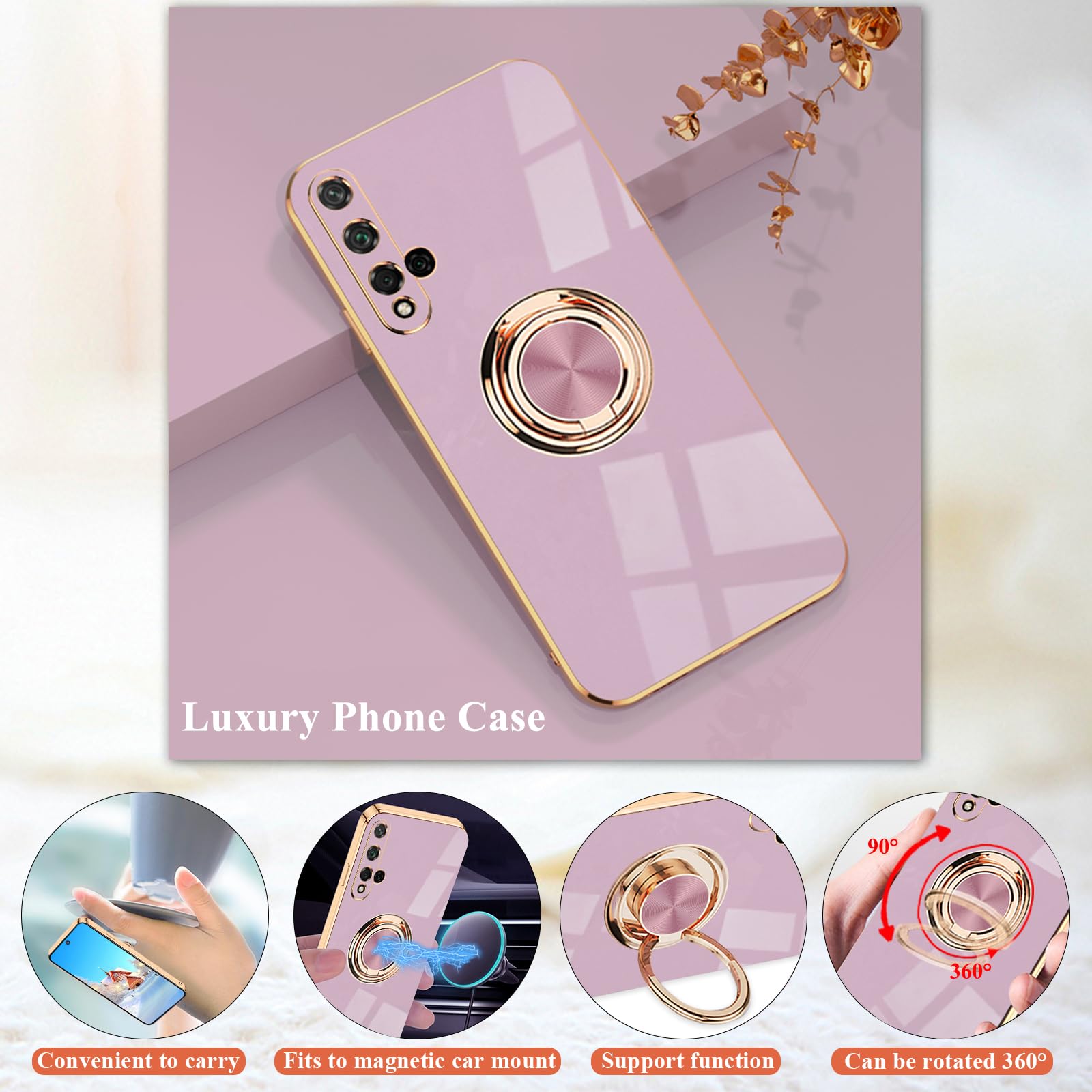 Huawei Nova 5T Case with Ring Holder & Stand - Magnetic, Slim, Protective - for Work & Travel