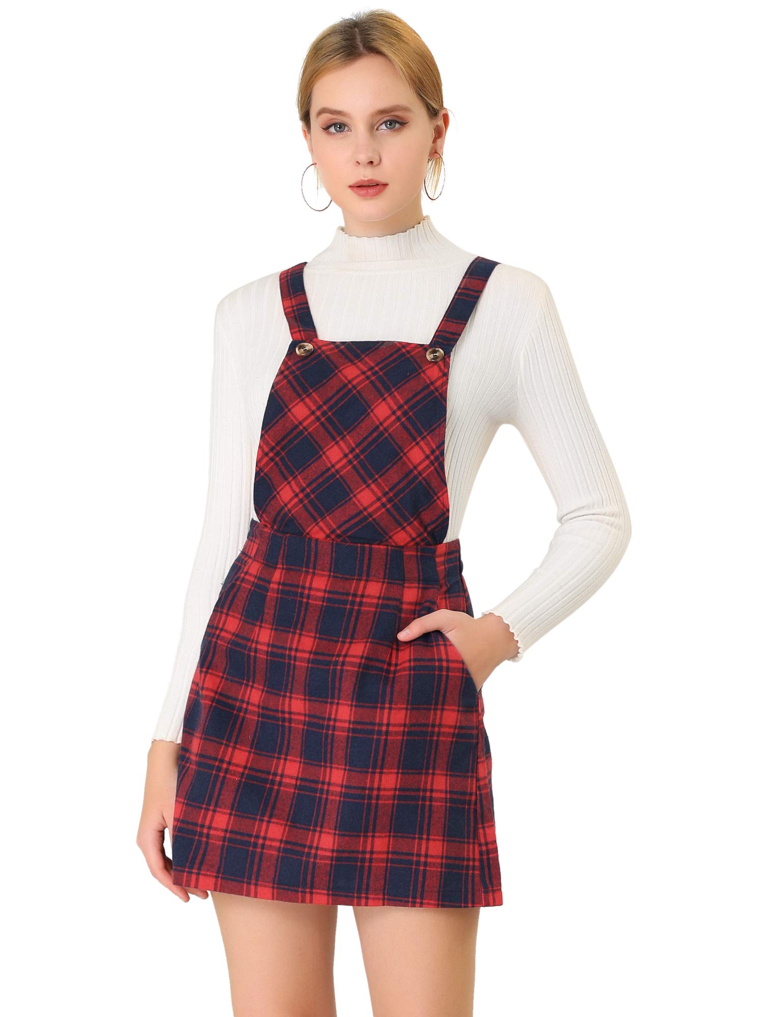 Allegra K Women's Plaid Adjustable Strap Pinafore Mini Suspender Skirt - Stylish Overalls Dress for Casual Outings, Date Nights & Spring Fashion