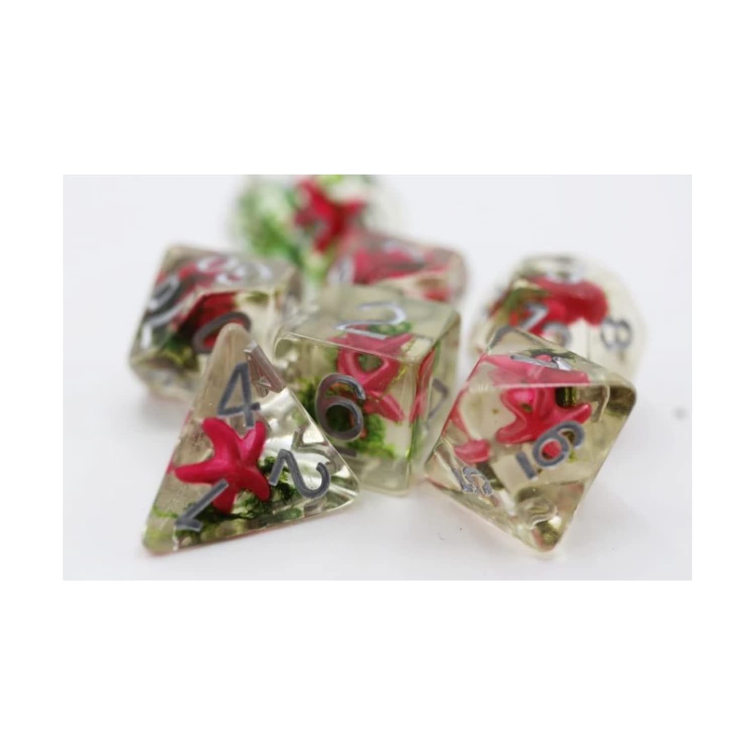 Foam Brain Games Polyhedral Dice Set - Pink Starfish & Seaweed with Silver Numbers (7-Piece) | Perfect for D&D, RPGs, Tabletop Gaming & Collectors