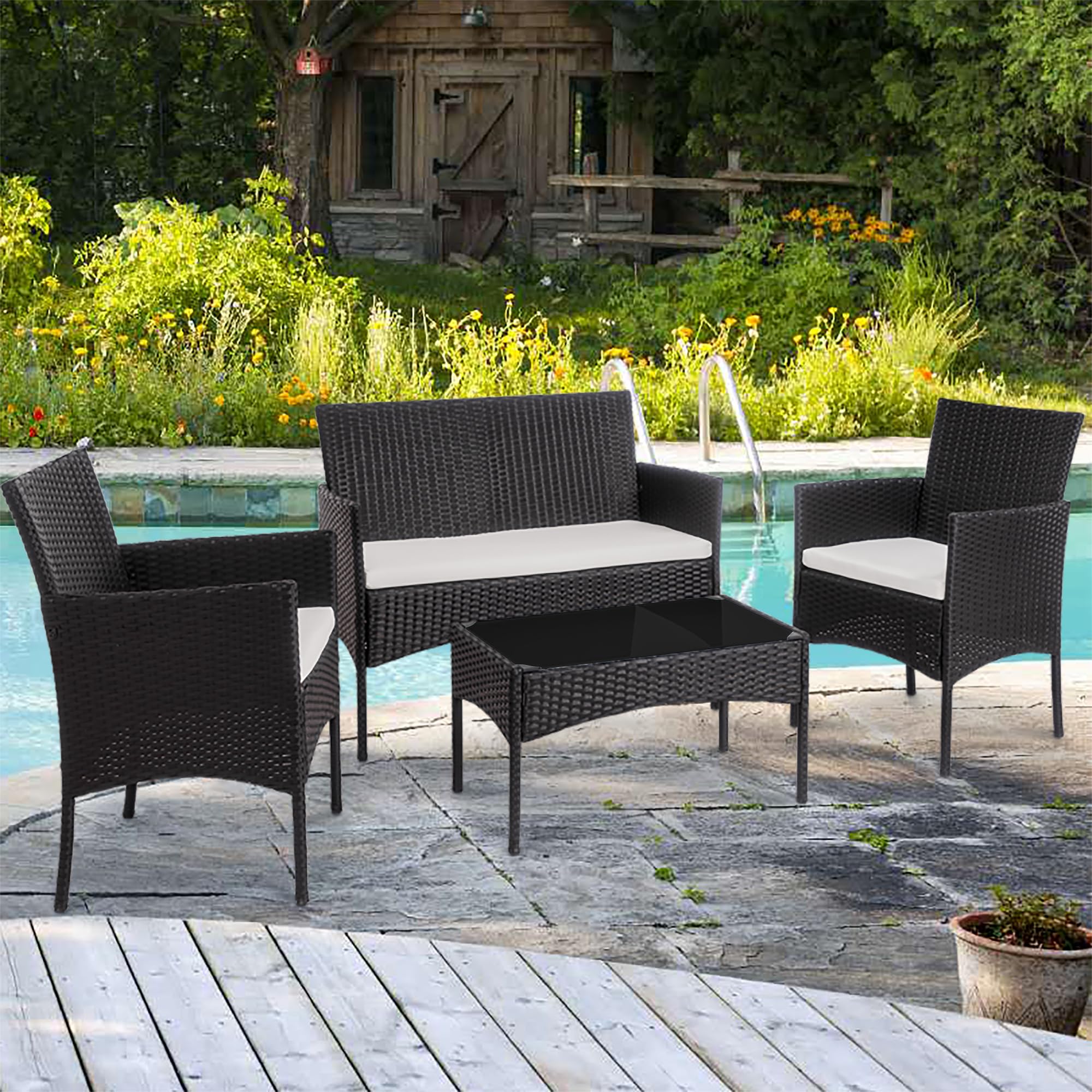 Shintenchi 4-Piece Outdoor Patio Furniture Set - Wicker Rattan Chairs with Tempered Glass Coffee Table - Perfect for Backyard, Porch, Garden, Poolside & Balcony Relaxation