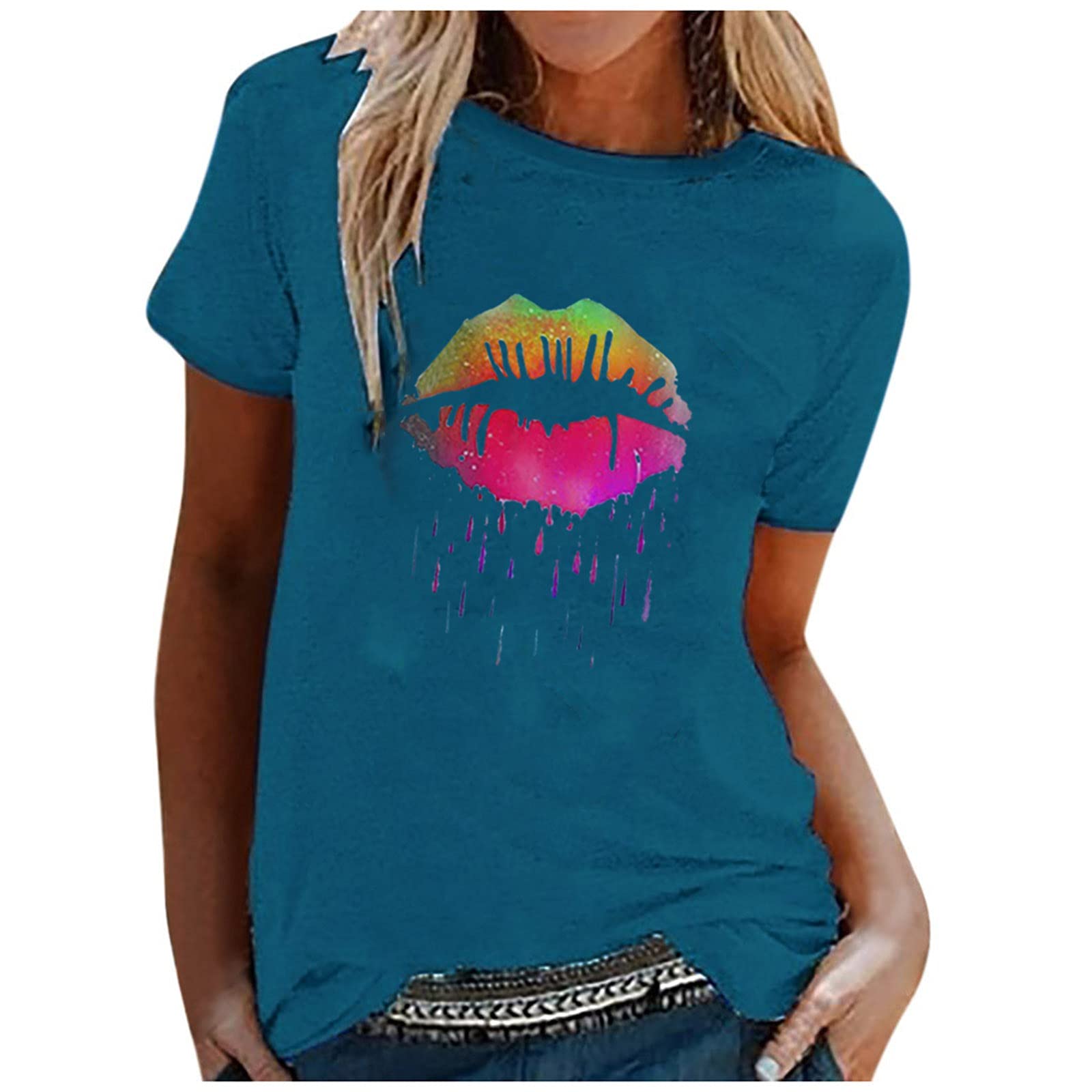 Women's Lip Print Graphic T-Shirt - Cute Short Sleeve Summer Tee Top for Casual Wear, Beach Outings & Street Style Fashion