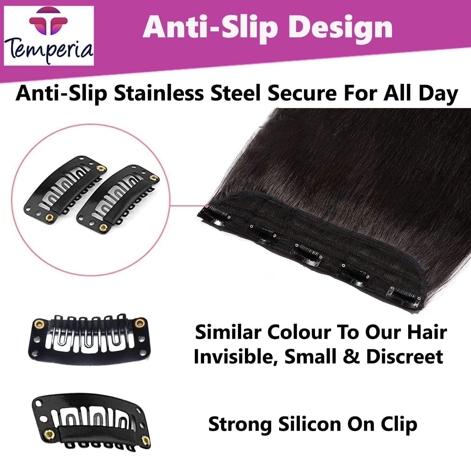 TEMPERIA 50 Pcs Hair Extension Clips for Women & Men - Black Snap Wig Clips (3.4 cm) - Secure Hair Patch Attachments for Daily Styling, Cosplay & Costume Parties