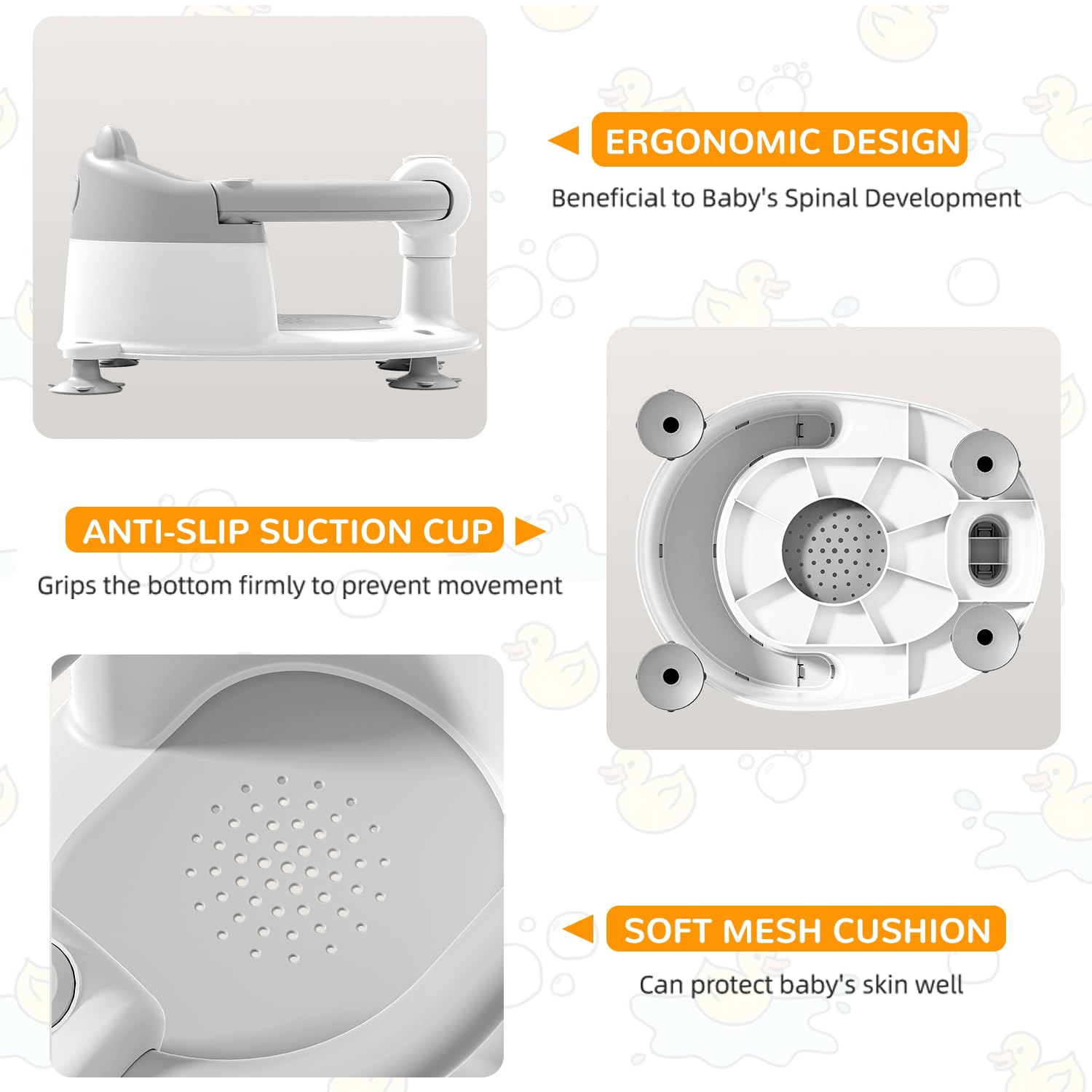 **Non-Slip Baby Bath Seat for Infants 6+ Months – Safe Toddler Bathtub Chair with 4 Suction Cups & Soft Cushion – Gray – Perfect for Newborns Learning to Sit Up in Shower or Tub**