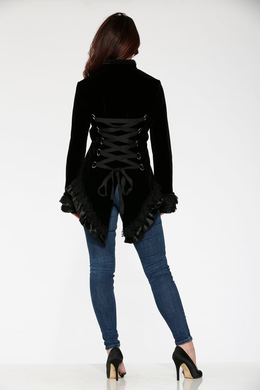 Black Gloria Velvet Tailed Jacket for Women - Elegant Evening Blazer with Velvet Trim - Perfect for Parties, Weddings & Special Occasions