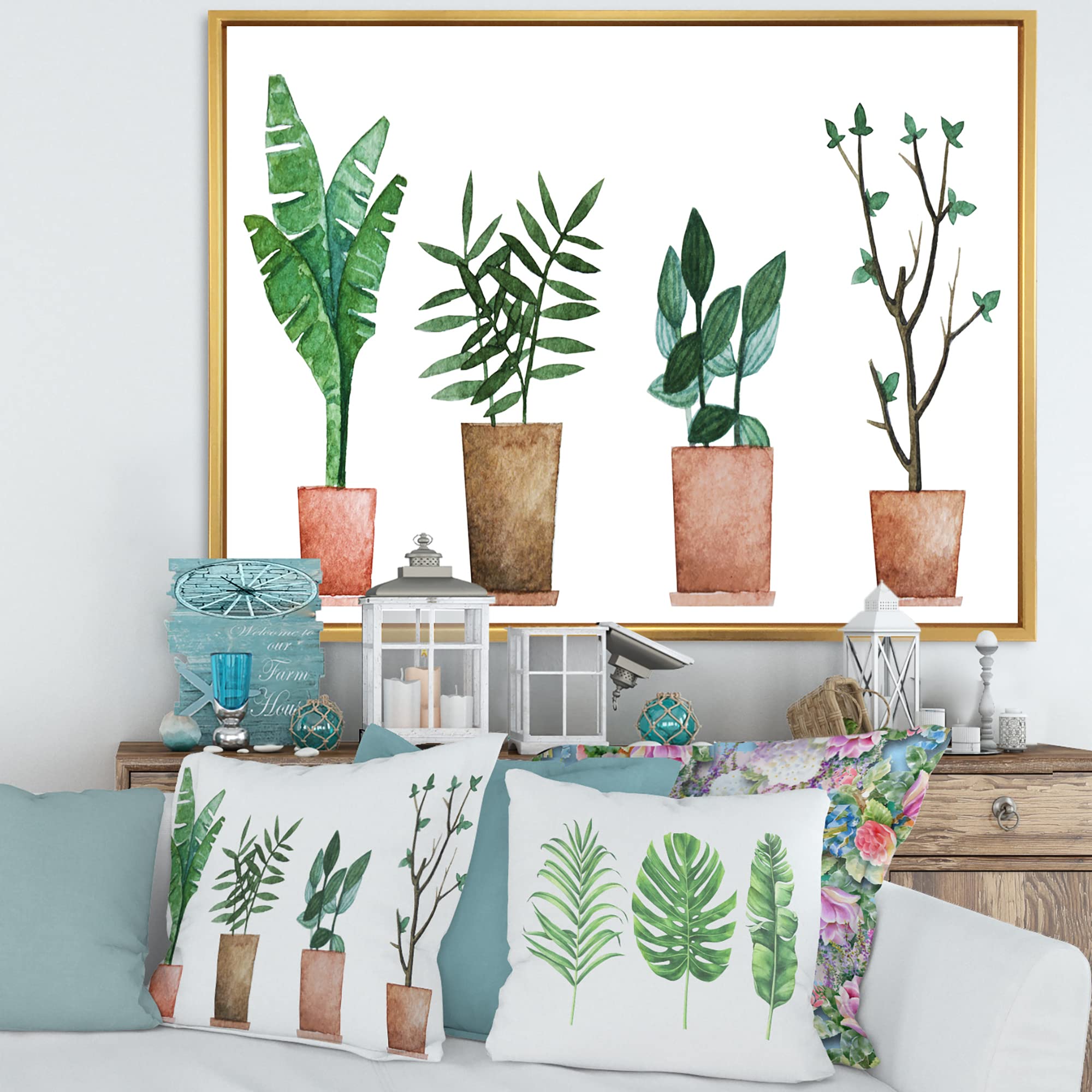 DesignQ Duo of Potted Flowers House Plants - Farmhouse Framed Canvas Wall Art Print for Home Decor, Living Room, Bedroom & Office