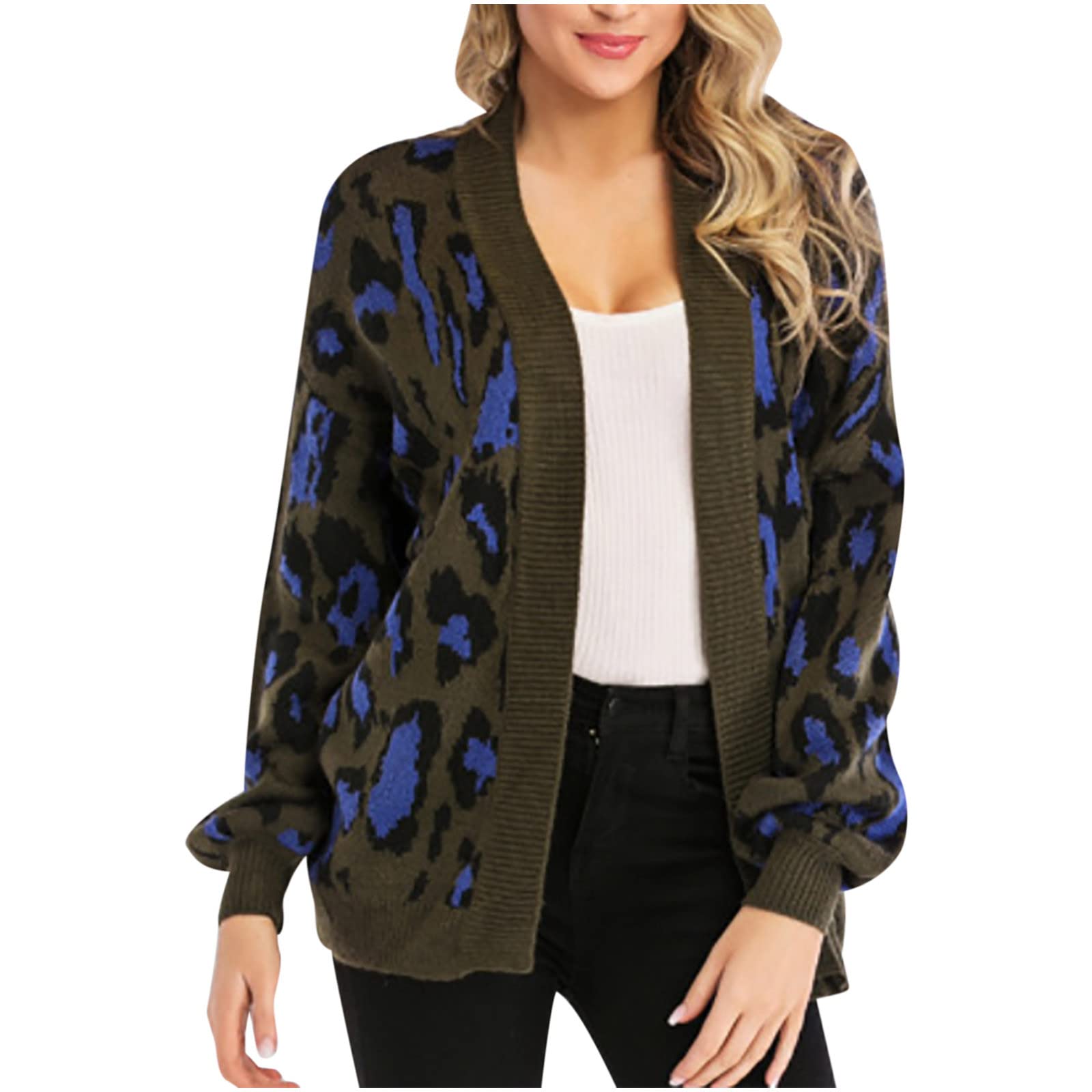Women's Fashion Leopard Print Cardigan Sweater - Cozy Waffle Knit Coat, Shawl Collar Knitwear Jacket & Tunic Top for Fall/Winter | Perfect for Office, Date Night & Casual Outfits