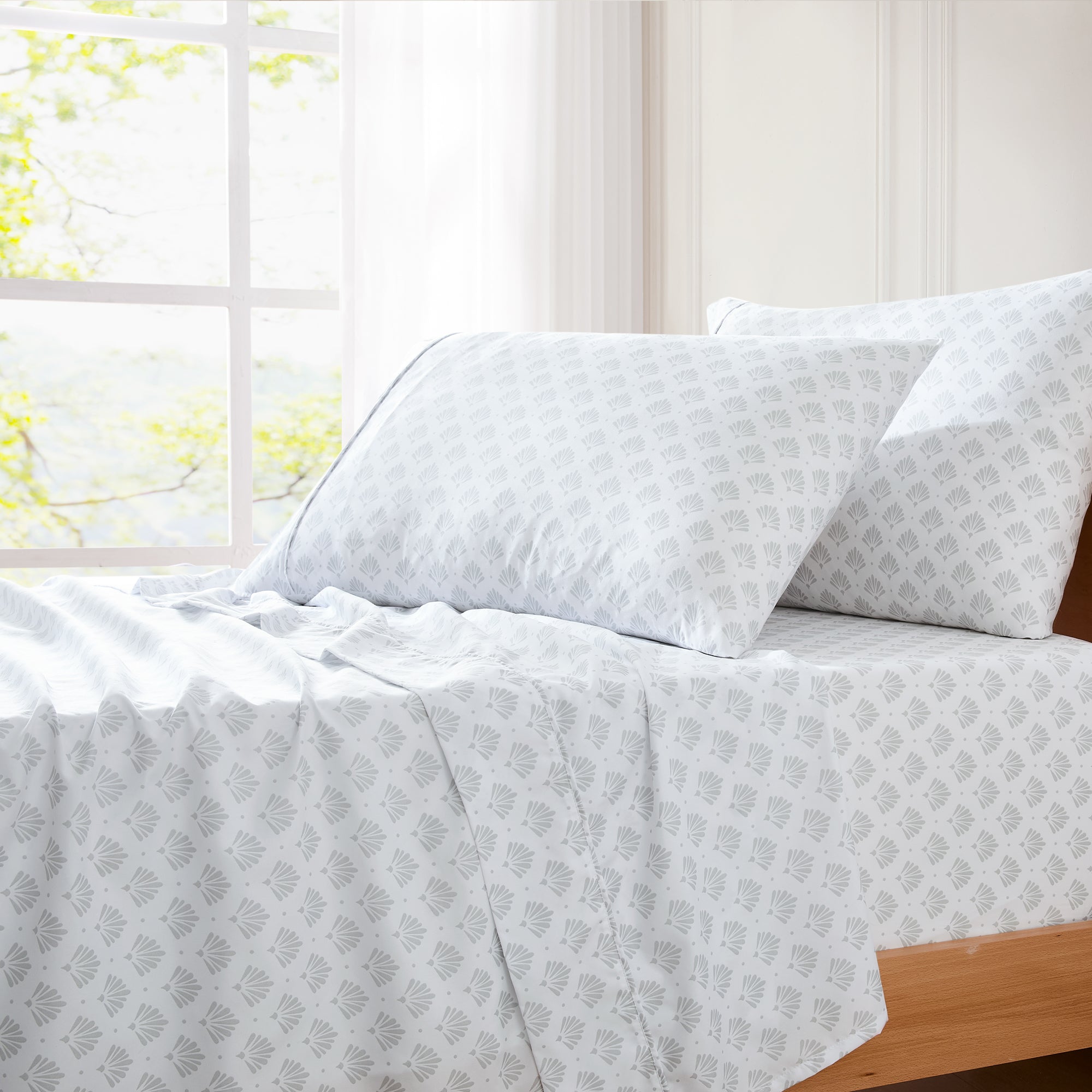 Premium Scallop Edge Fan Pattern Bed Sheet Set - Queen Size, 100% Cotton, Breathable & Soft for Ultimate Comfort - Perfect for Master Bedrooms, Guest Rooms & Cozy Home Decor