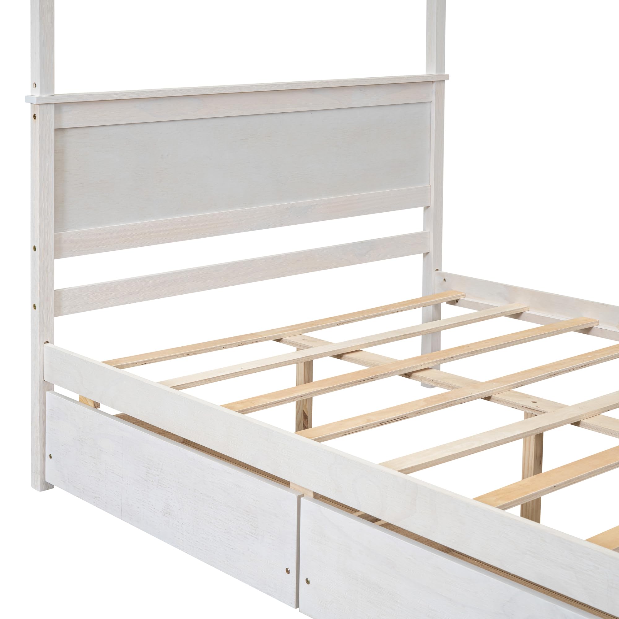 **Full Size Canopy Bed with 2 Storage Drawers & Headboard - Wooden Four Post Platform Bed in Brushed White - Perfect for Master Bedroom, Guest Room & Cozy Farmhouse Decor**