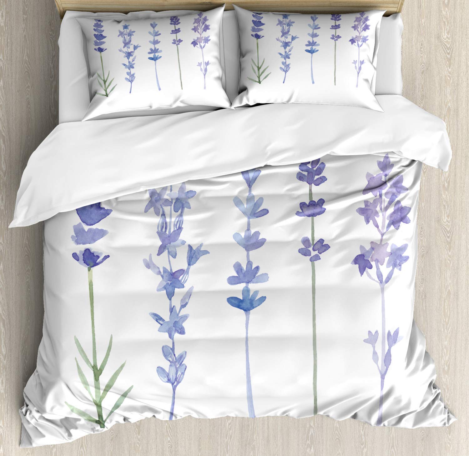 Ambesonne Lavender Duvet Cover Set - King Size 2-Pack with 4 Pillowcases, Watercolor Floral Herbs Design in Lilac & Green | Perfect for Farmhouse, Cottagecore, or Bohemian Bedroom Decor