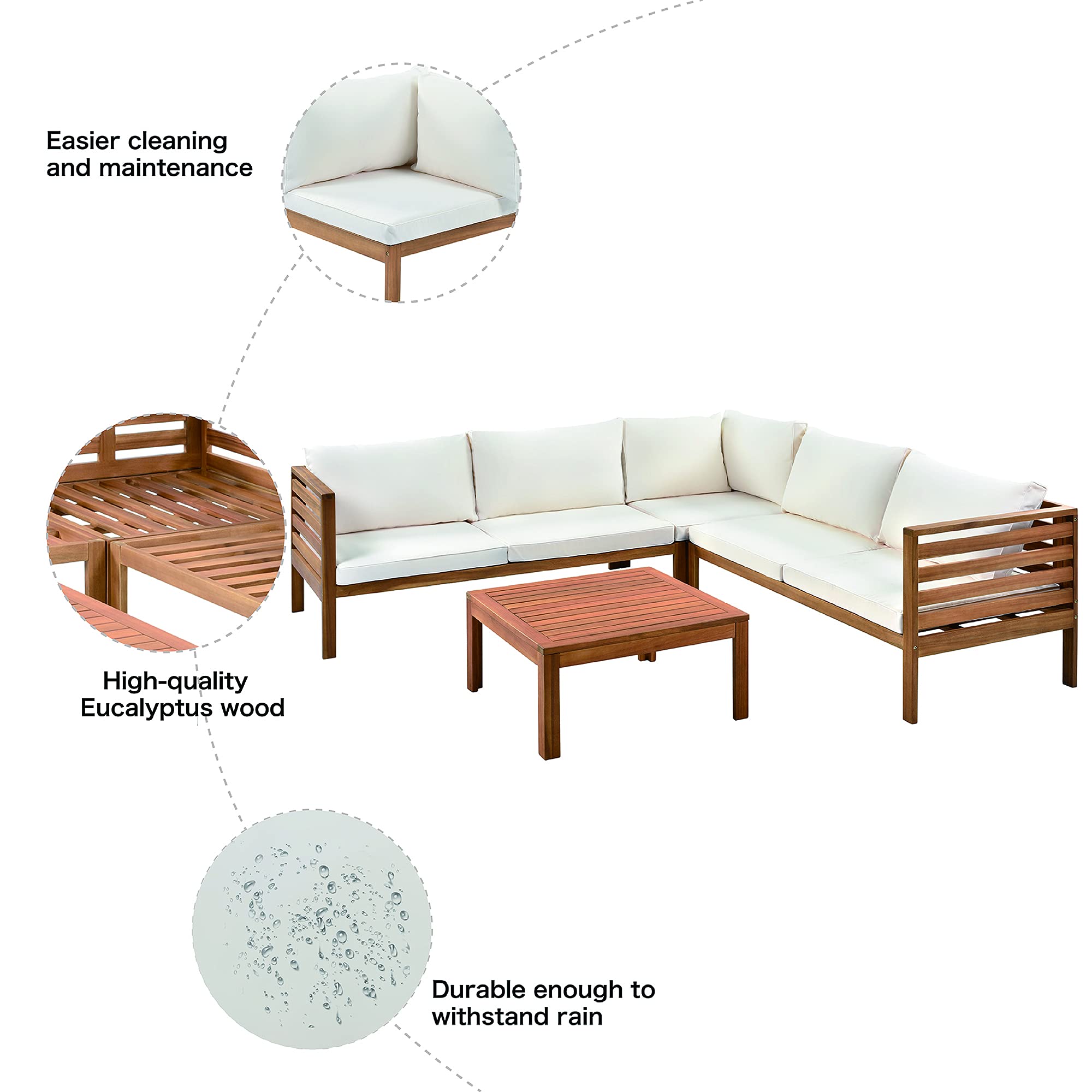 4-Piece Outdoor Patio Furniture Set - Wooden Sectional Sofa with Cushions & Coffee Table - Waterproof Conversation Set for Garden, Backyard, Deck & Indoor Use