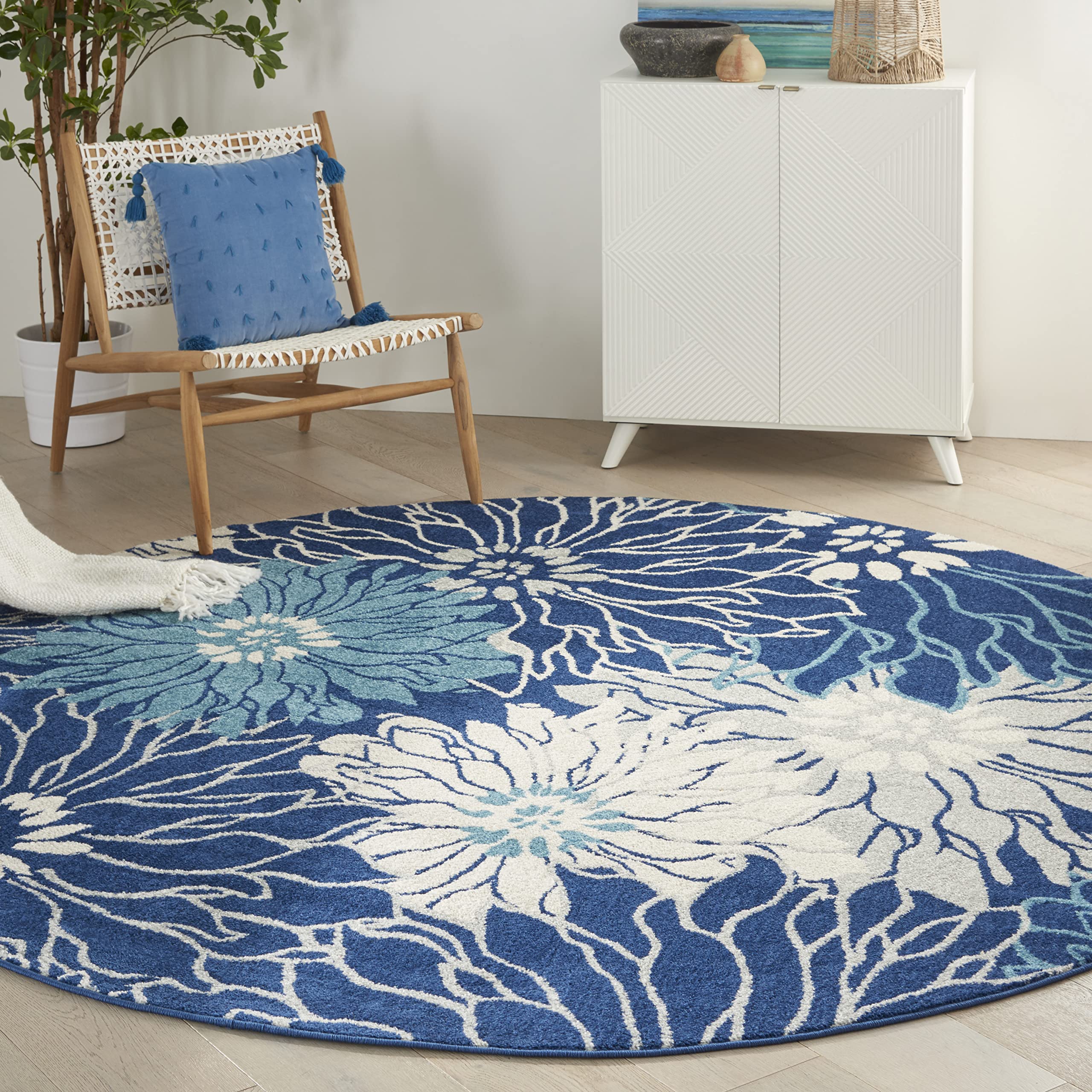 Nourison Passion 8' Round Area Rug - Navy & Ivory Modern Design - Perfect for Living Room, Bedroom, or Office Decor
