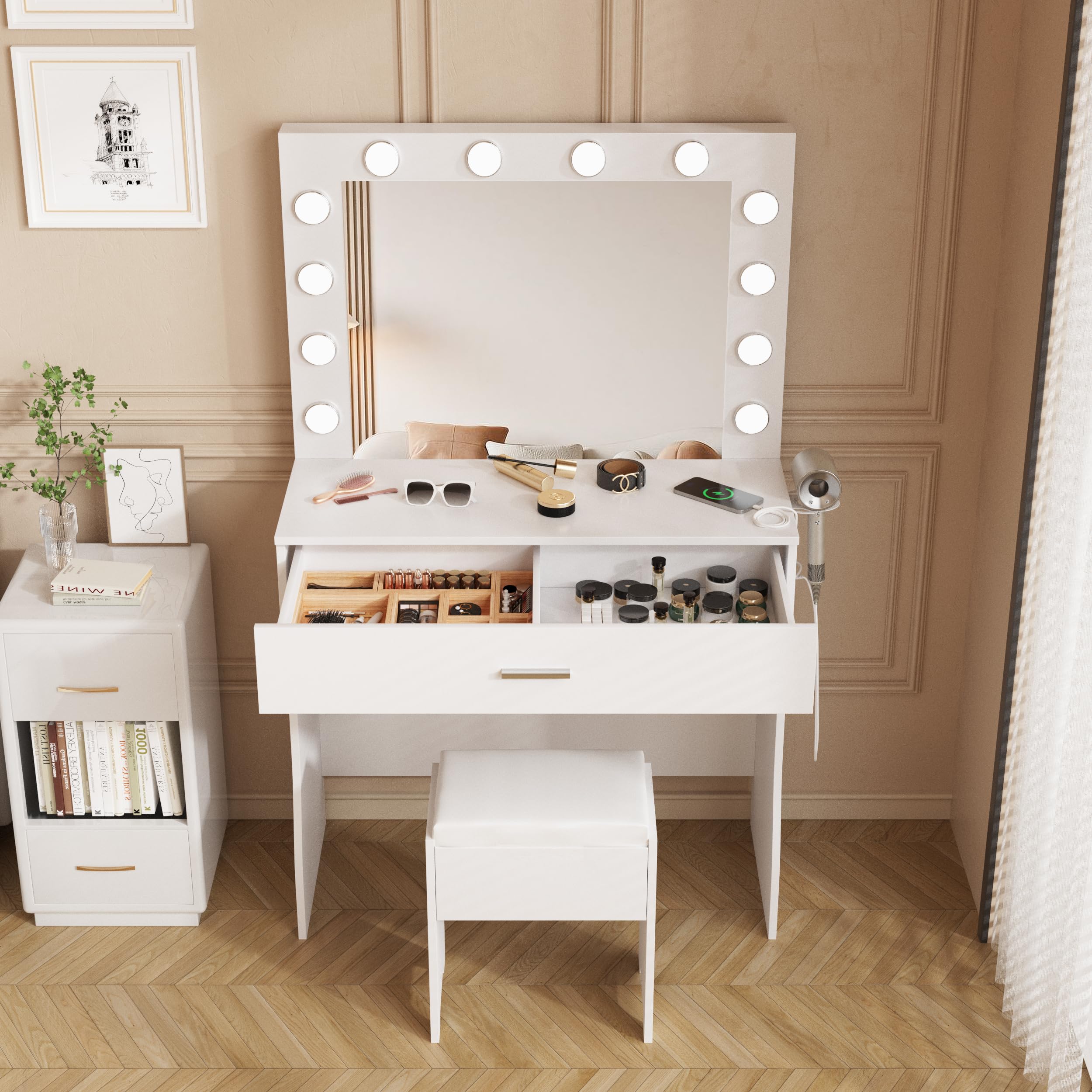 Vanity Desk with Lights - Makeup Vanity Desk with LED Mirror & USB Charging Station, 3 Adjustable Lighting Modes & Brightness, Vanity Set with Cushioned Stool - Perfect for Bedroom, Dressing Room & Beauty Salon
