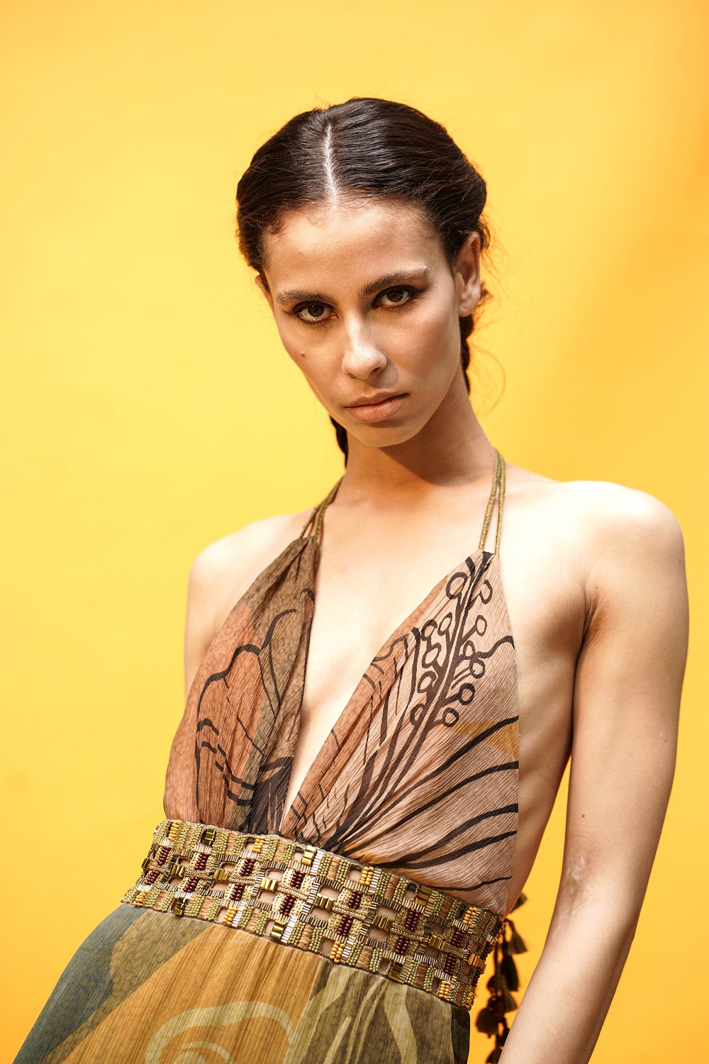 Tropical Mustard Print Maxi Dress with African Baroque Hand Embroidery - Perfect for Beach Vacations, Summer Weddings & Boho Fashion