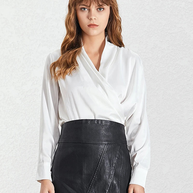 Black Ruched Spring Shirt for Women - V-Neck Long Sleeve Casual Blouse | Solid Color Fashion Top | Perfect for Office Wear, Date Night & Spring Outfits
