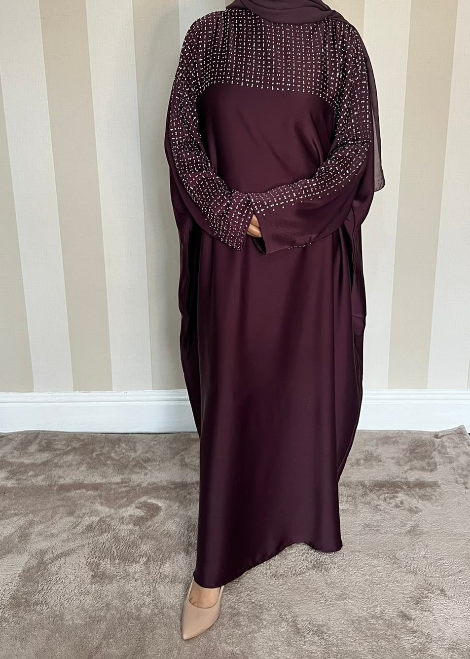 Elegant Crystal Embellished Kaftan Abaya Dress in Plum - Perfect for Eid, Weddings & Special Occasions