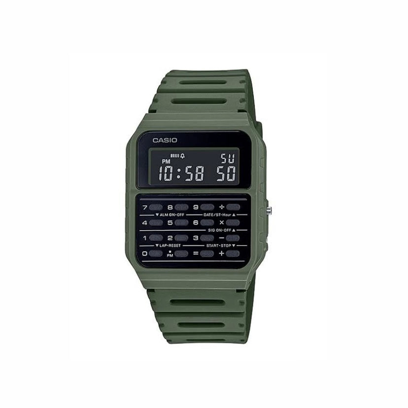 Casio Digital Watch with Calculator - Dark Green & Black for Men, Unisex Retro Style - Perfect for School, Office, and Everyday Use