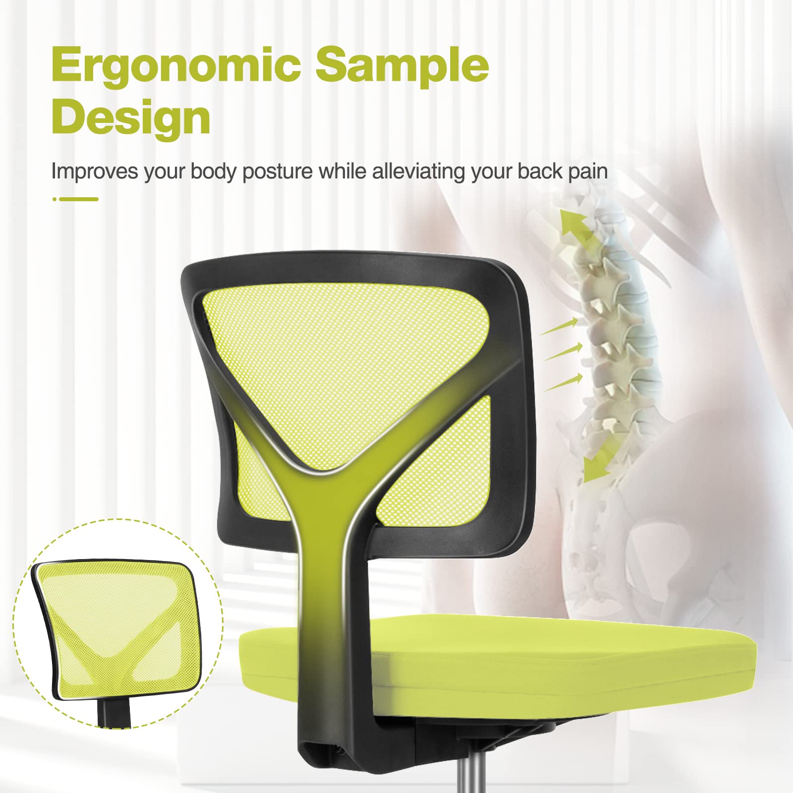Ergonomic Mesh Office Chair with Lumbar Support - Adjustable Height Armless Computer Desk Chair for Home Office, Rolling Swivel Task Chair (Green) - Perfect for Long Work Hours & Gaming Sessions