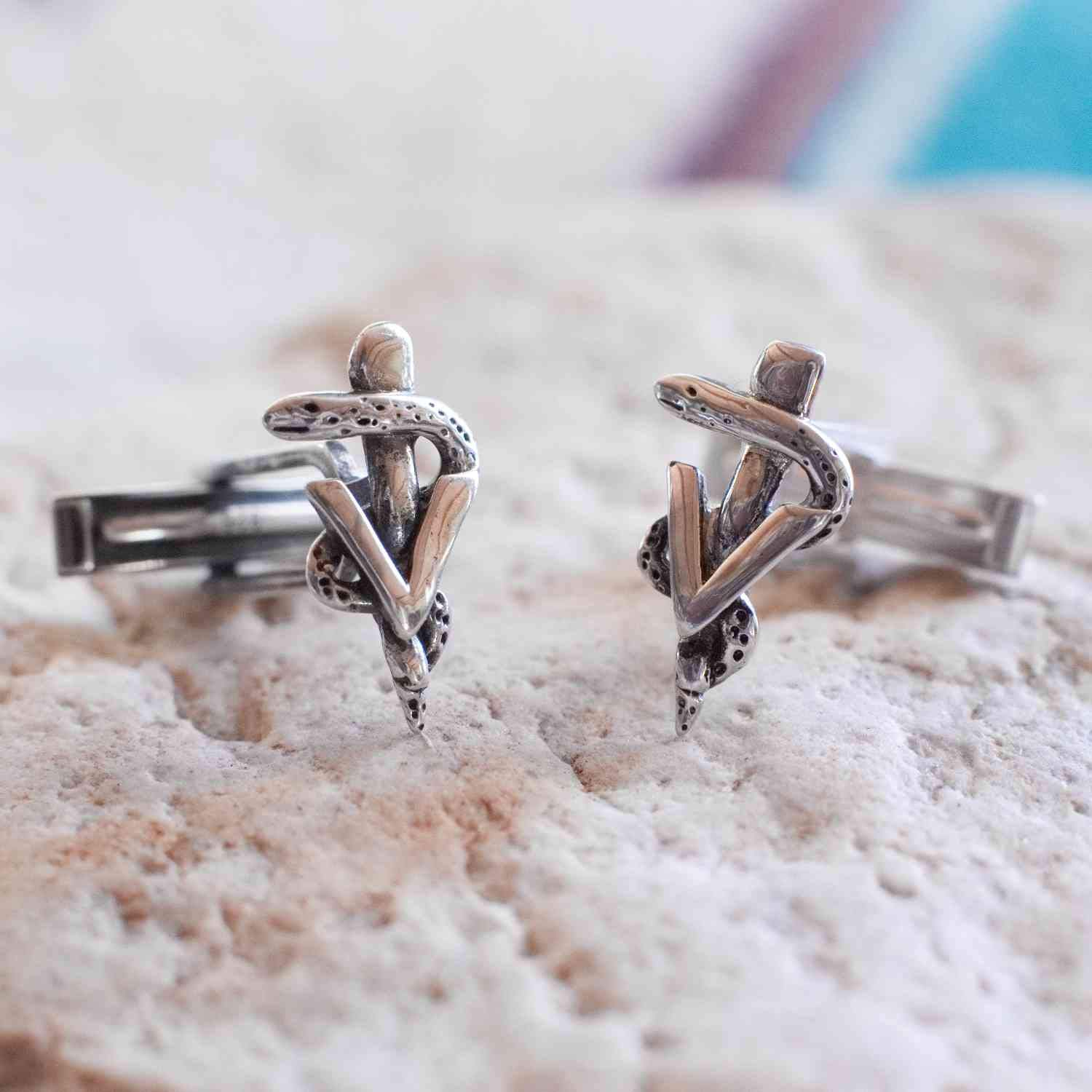Handcrafted Sterling Silver Veterinary Caduceus Cufflinks - Perfect Gift for Veterinarians & Vet Students - USA Made - Ideal for Graduation, Appreciation Gifts & Professional Events