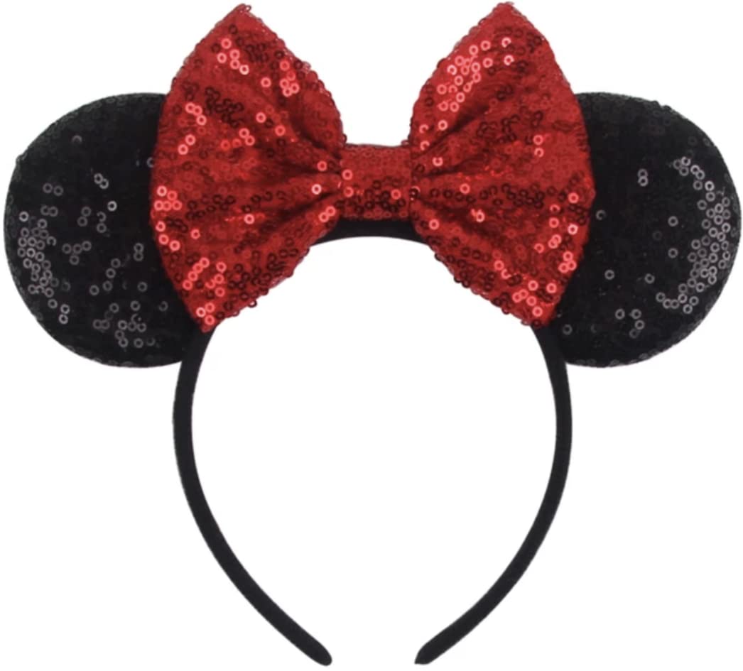 CLGIFT Red Sparkle Minnie Ears Headband - Handmade Sequin Mickey Mouse Ears Hairband for Adults & Kids (One Size Fits All) - Perfect for Disney Theme Parks, Cosplay, Halloween & Birthday Parties