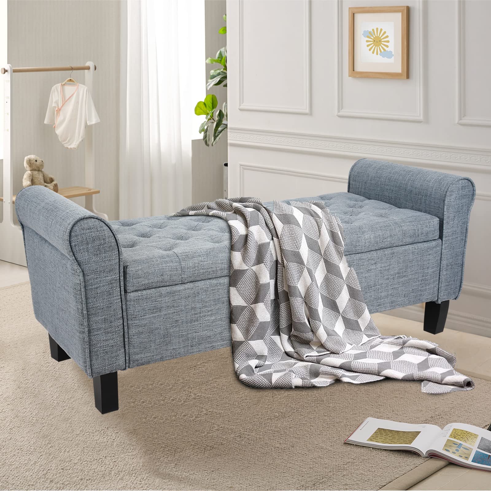 Dark Grey Storage Ottoman Bench with Arms - Button Tufted Footrest & Large Storage Seat for Bedroom, Living Room, Entryway, Hallway - Perfect as End of Bed Bench, Living Room Storage & Cozy Footrest