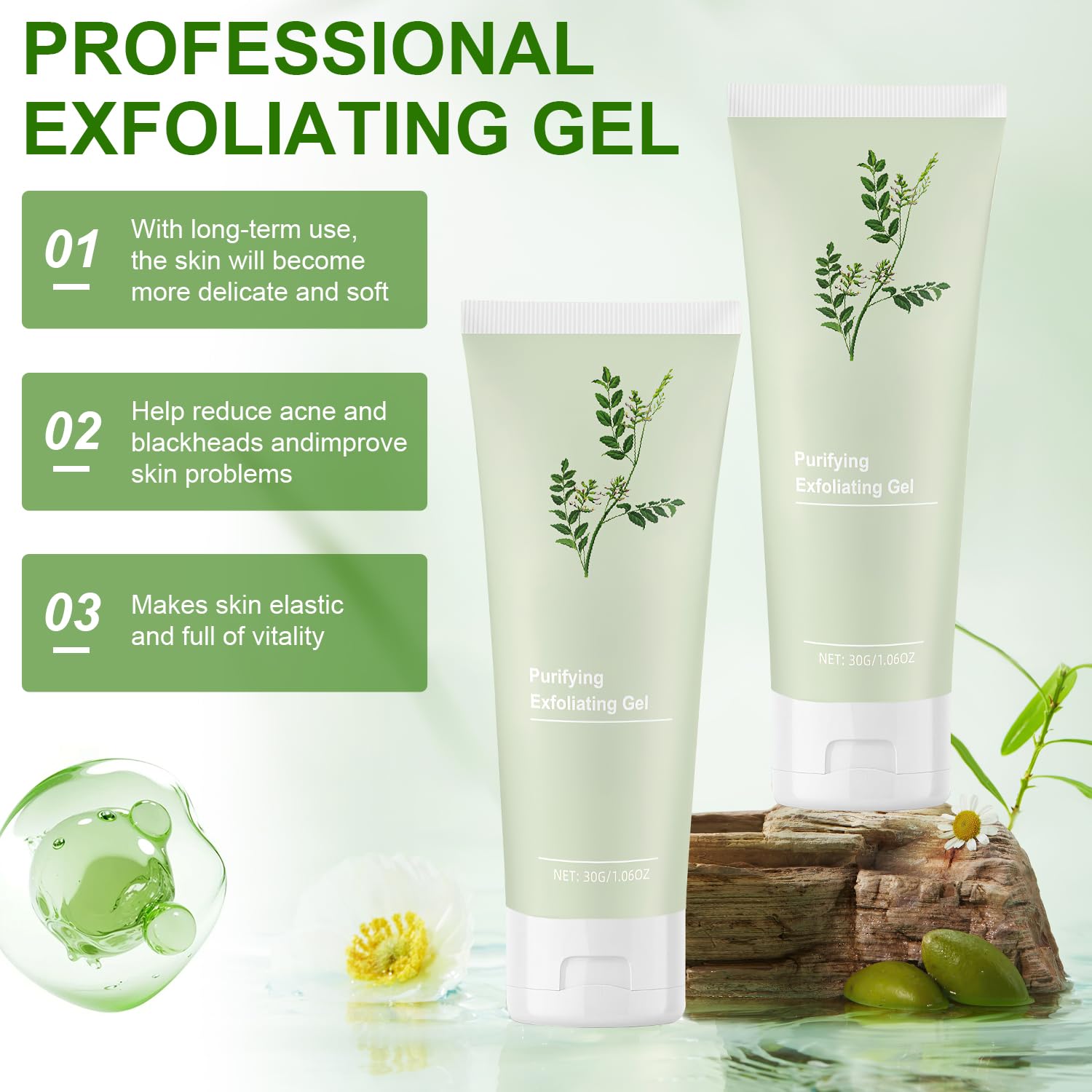 Purifying Exfoliating Gel for Face & Body - Gentle Deep Cleansing Scrub with Moisturizing Benefits (2 Pack) | Perfect for Daily Skincare Routine & Spa Treatments